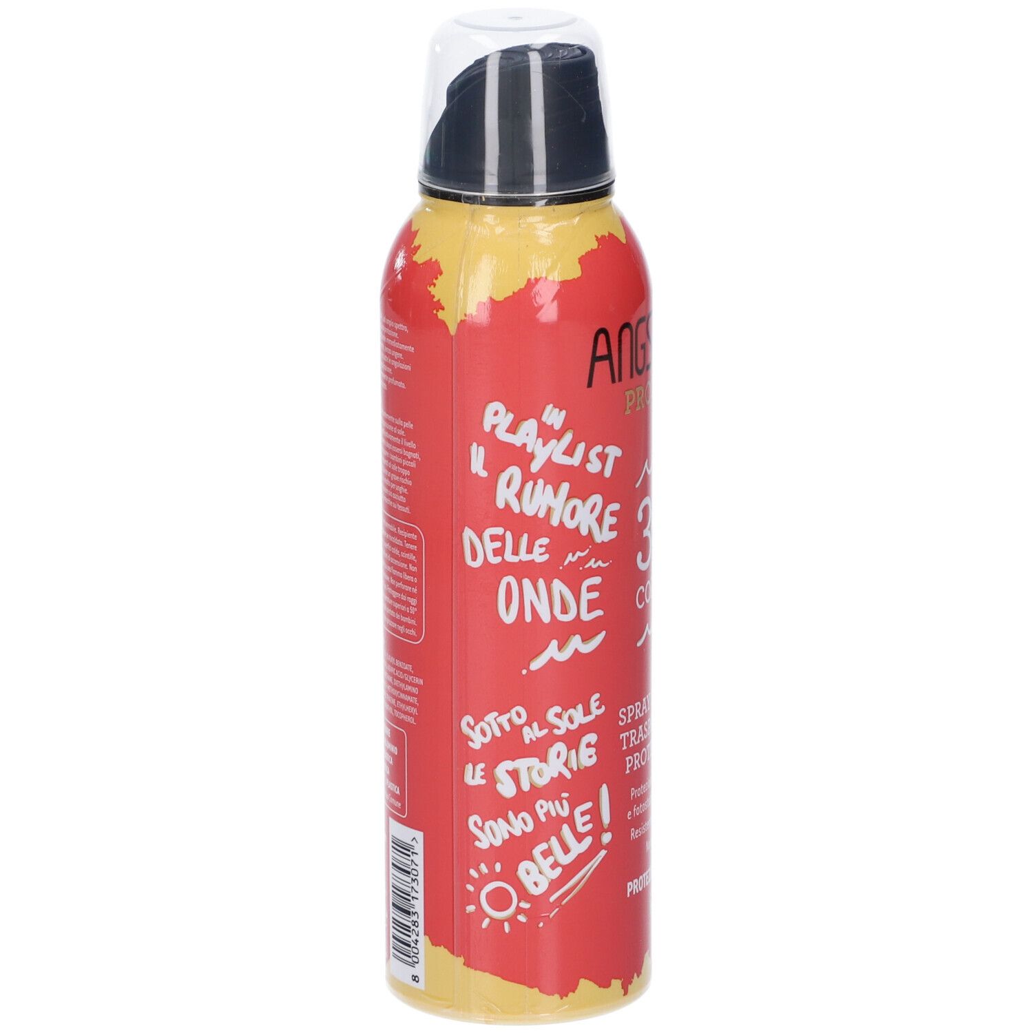Rote Sprühflasche mit italienischem Text. Rückseite mit Text und Sonne-Illustration. Angstrom Protect.