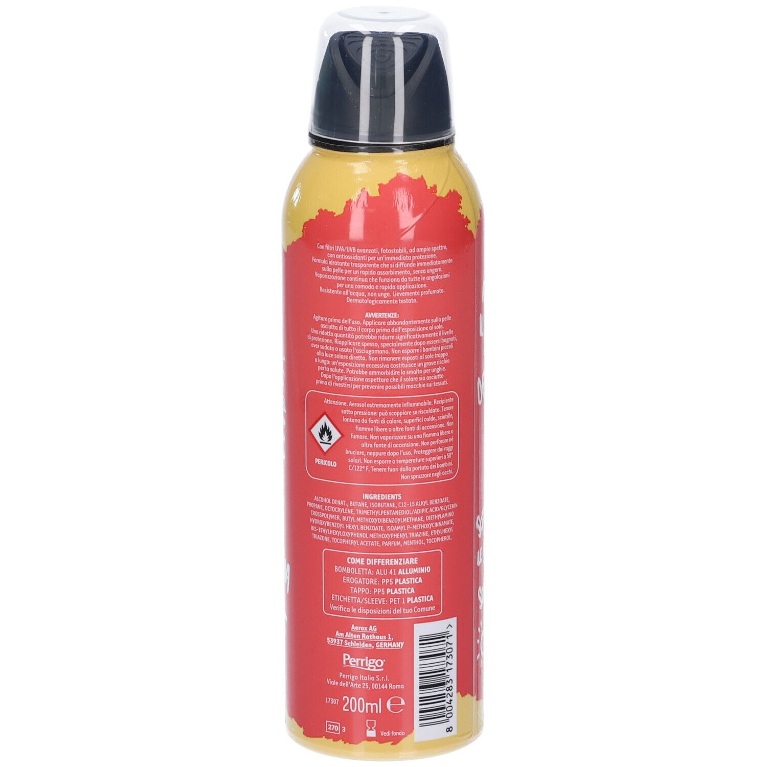 Rückseite der roten Sprühflasche. Enthält Text in italienischer Sprache. Angabe von Inhaltsstoffen und Warnhinweisen.