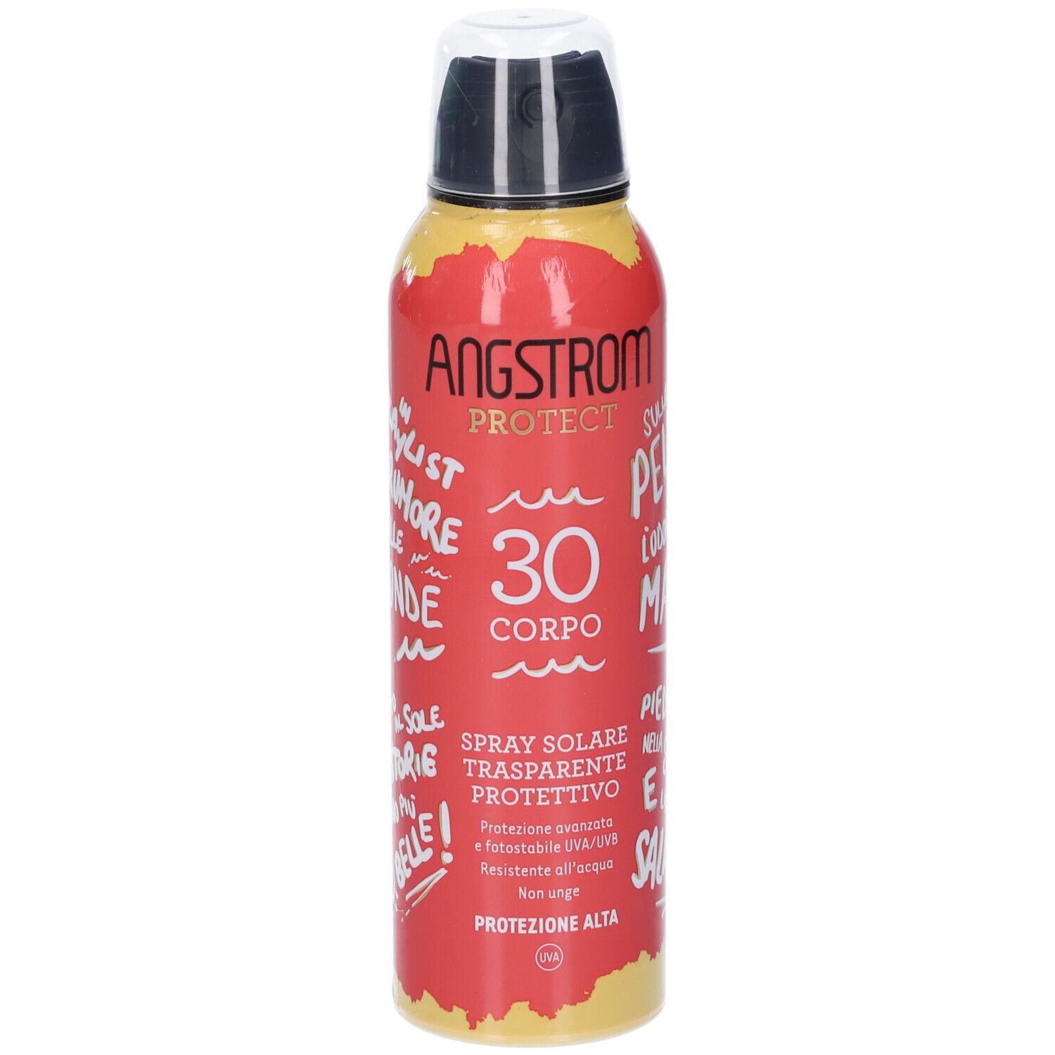 Rote Sprühflasche mit Angstrom Protect SPF30. Enthält Text in Italienisch. Transparenter Sonnenschutz für den Körper.