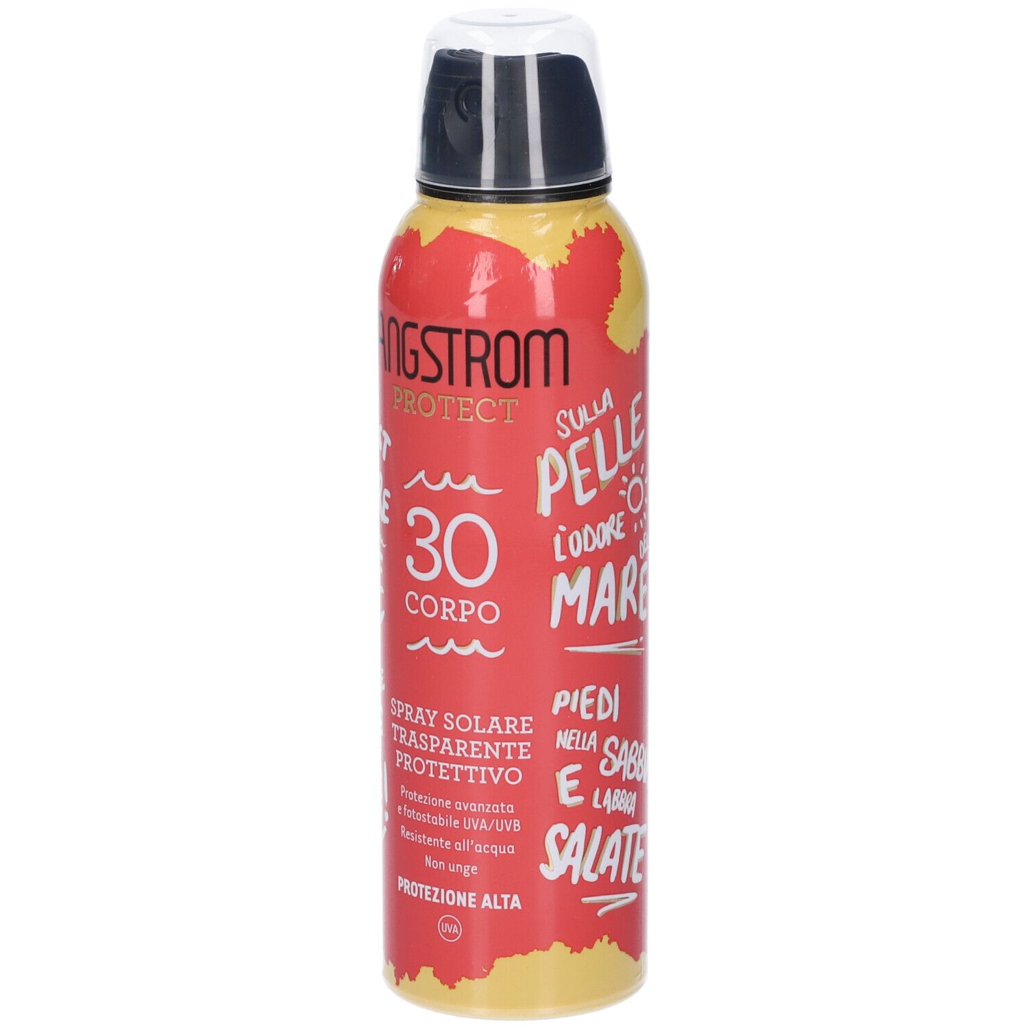 Rote Sprühflasche mit Angstrom Protect SPF30. Enthält Text in Italienisch. Transparenter Sonnenschutz für den Körper.
