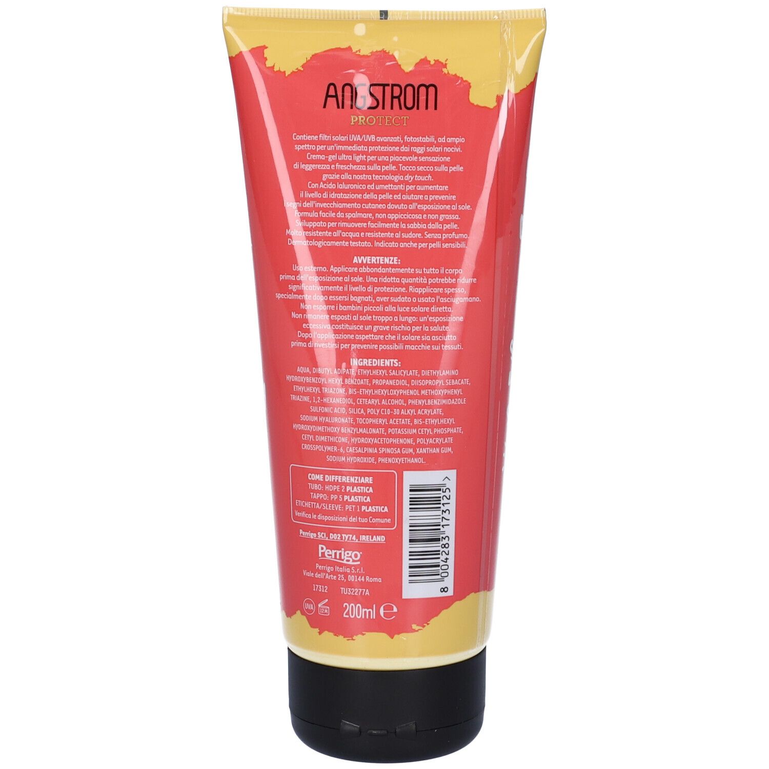 Rückseite der Tube Angstrom Protect Crema-Gel Solare Corpo. Text mit Inhaltsstoffen und Informationen. Schwarzer Deckel.