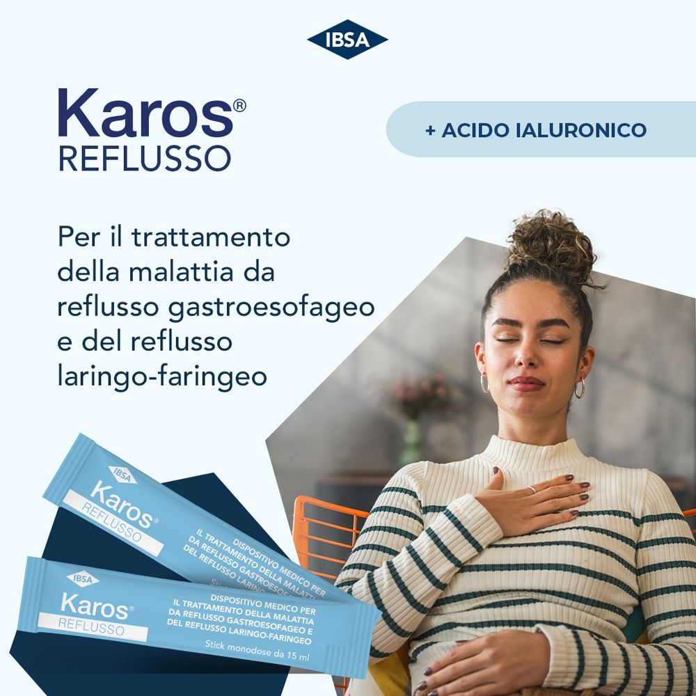 Frau hält Hand auf Brust. Zwei Sticks mit Produktnamen. Text in Italienisch.