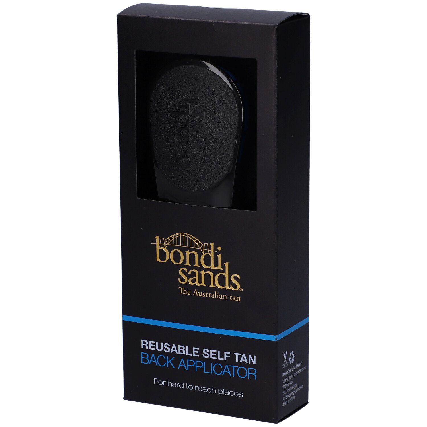 Confezione nera con finestra. Contiene un applicatore per la schiena nero. Scritta: Bondi Sands, REUSABLE SELF TAN BACK APPLICATOR.