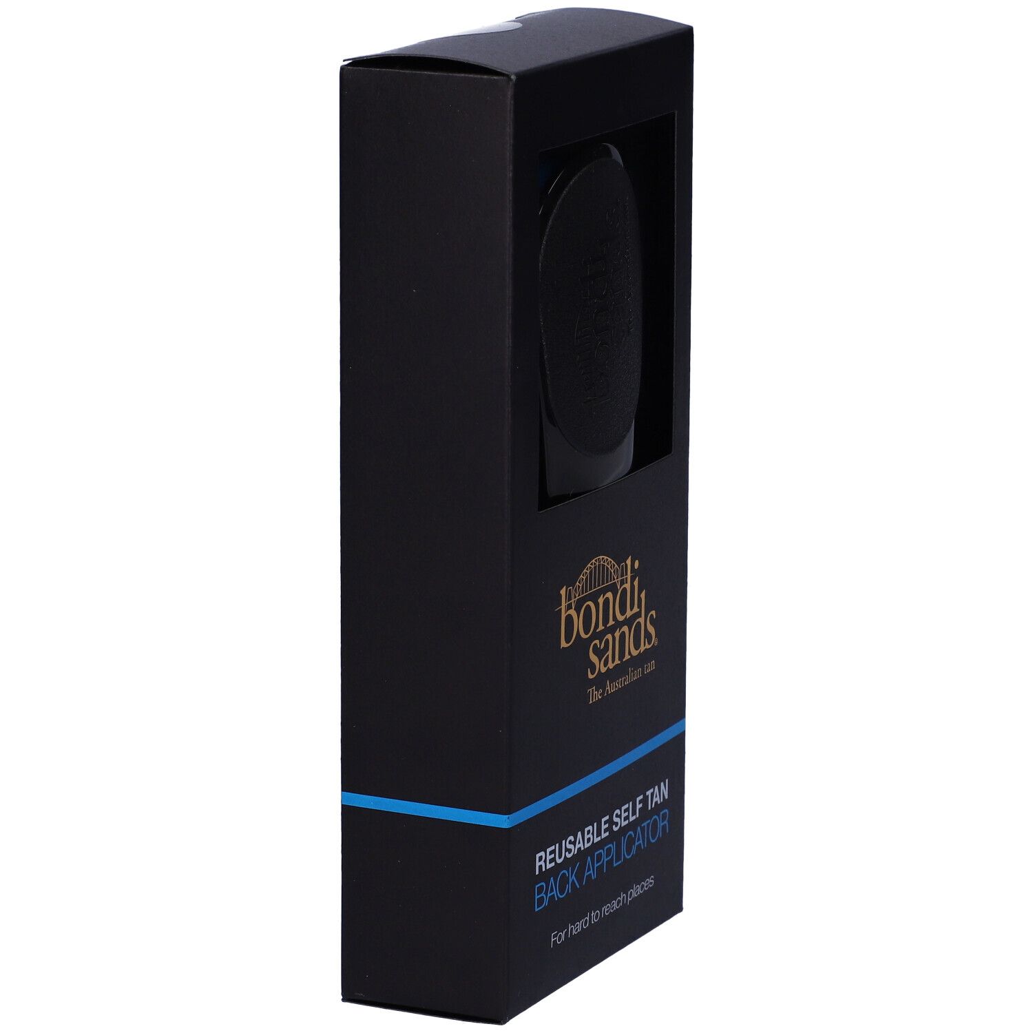 Confezione nera con finestra. Contiene un applicatore per la schiena nero. Scritta: Bondi Sands, REUSABLE SELF TAN BACK APPLICATOR.