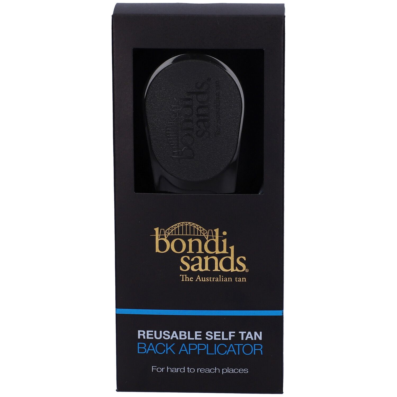 Confezione nera con finestra. Contiene un applicatore per la schiena nero. Scritta: Bondi Sands, REUSABLE SELF TAN BACK APPLICATOR.