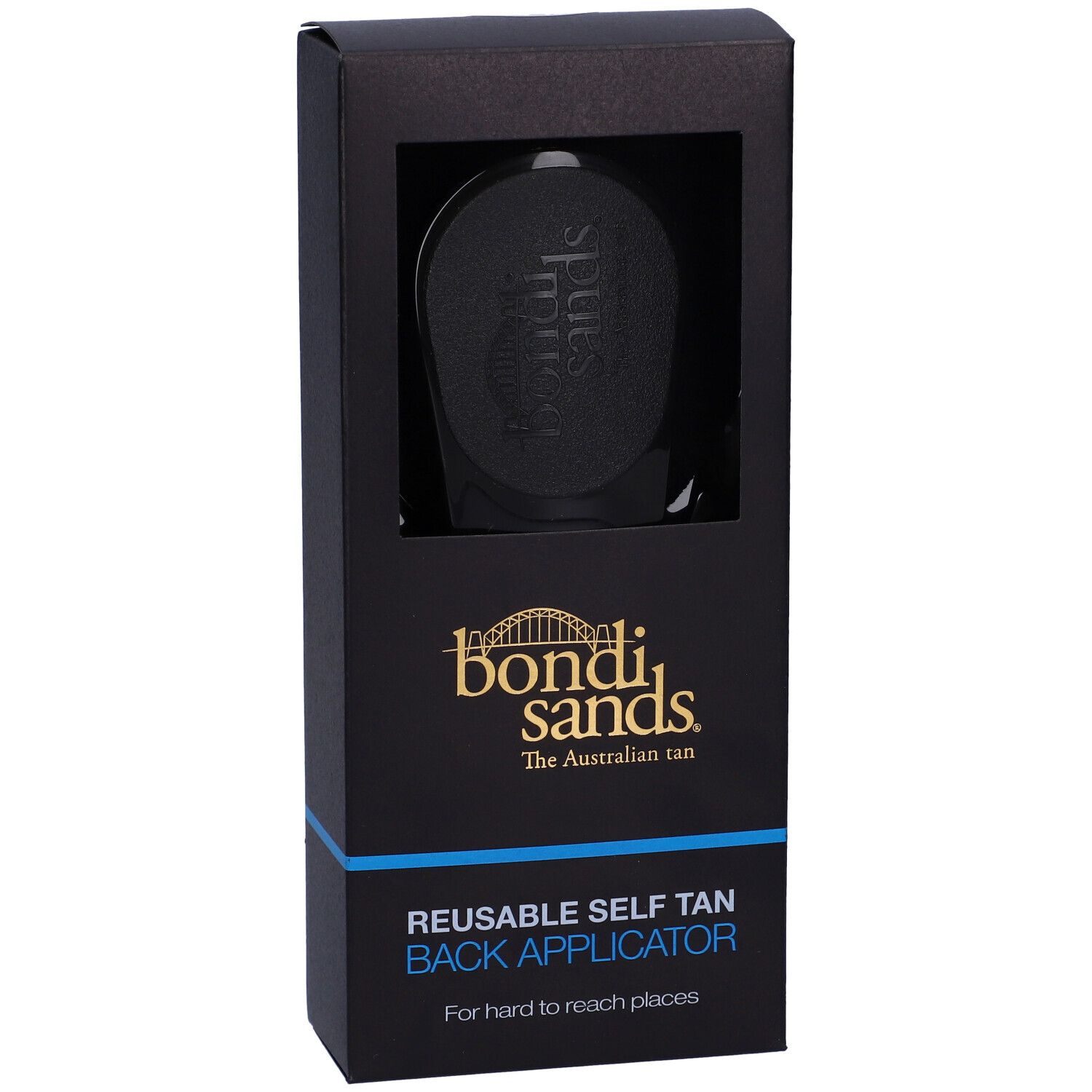 Confezione nera con finestra. Contiene un applicatore per la schiena nero. Scritta: Bondi Sands, REUSABLE SELF TAN BACK APPLICATOR.