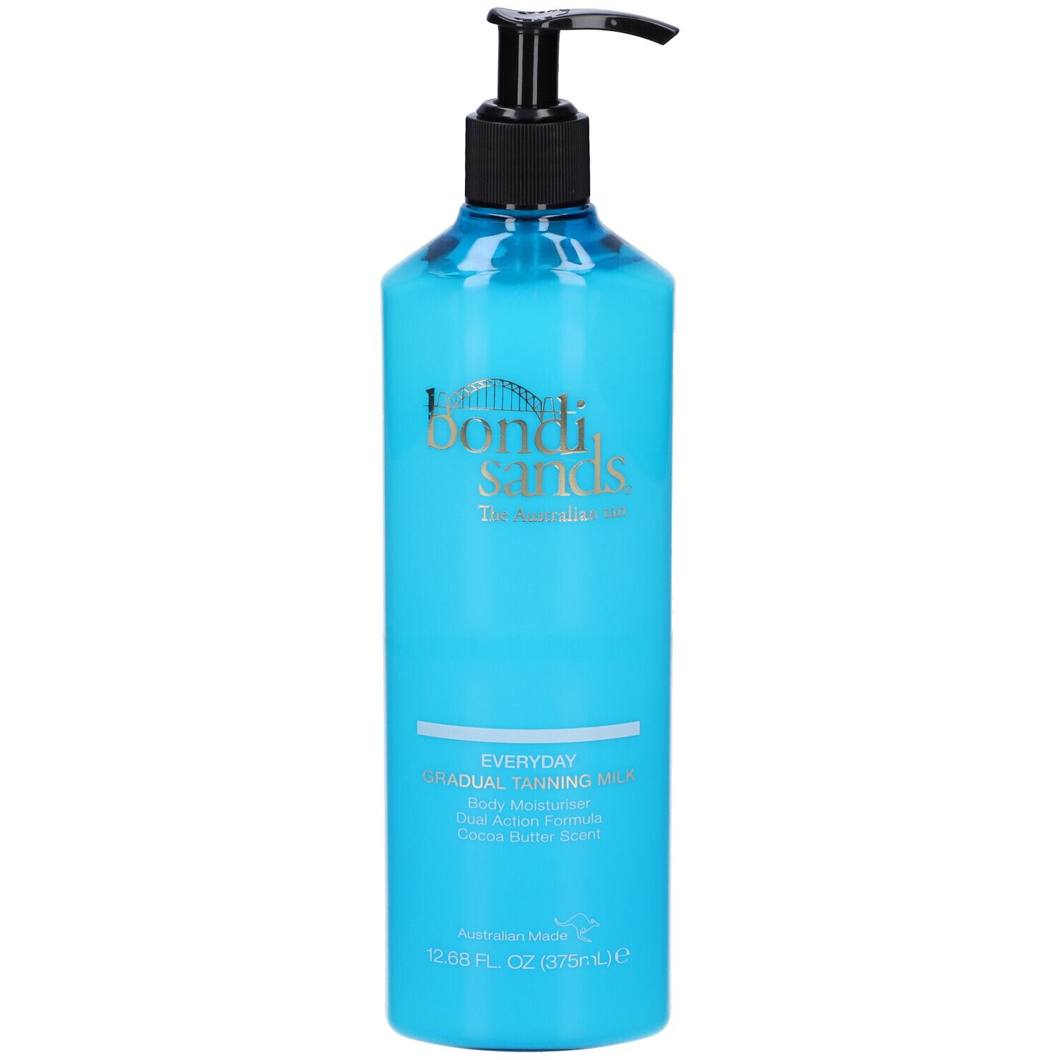 Türkisgrüne Flasche mit schwarzem Pumpverschluss. Aufschrift: Bondi Sands Everyday Gradual Tanning Milk. 375ml.