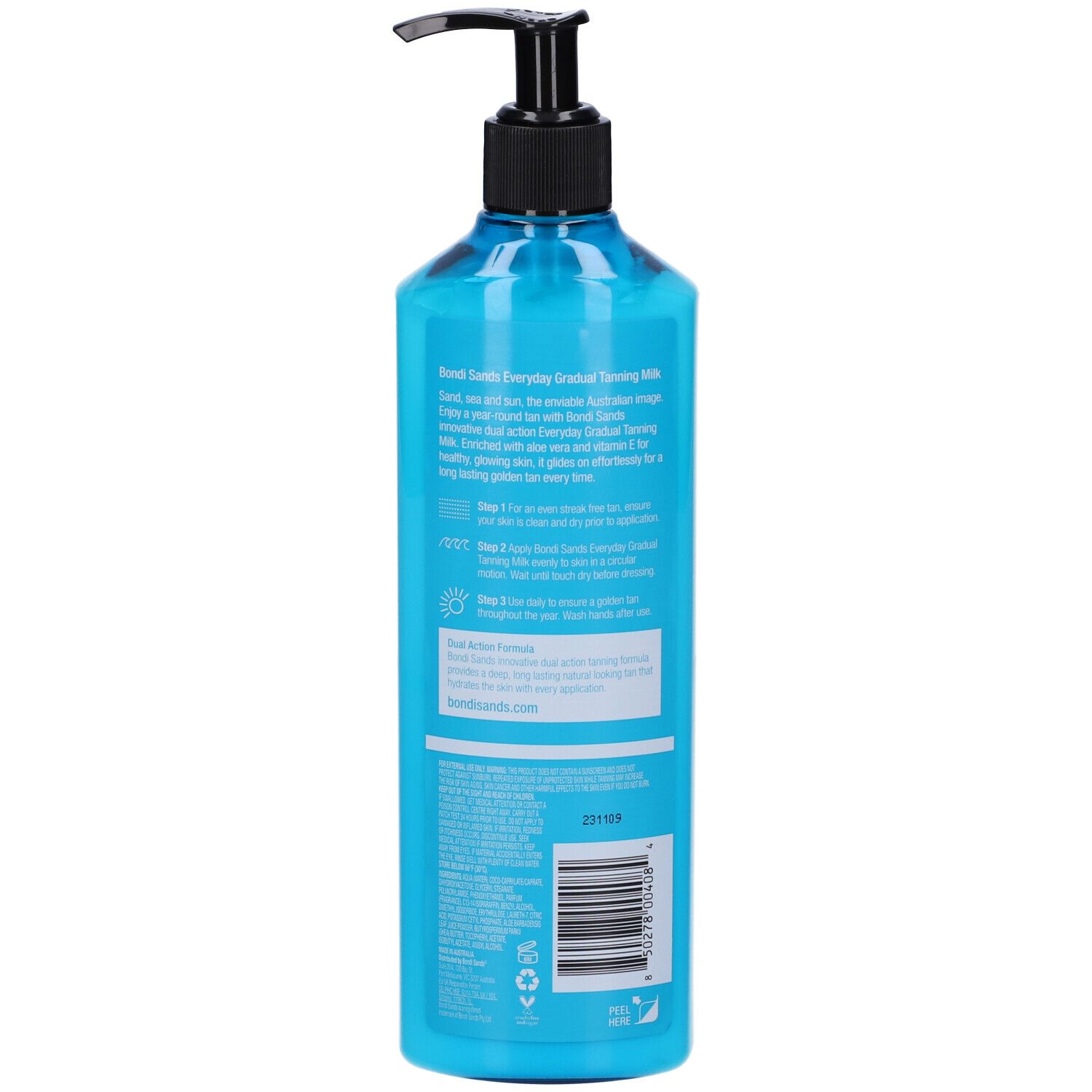 Rückseite einer türkisfarbenen Flasche mit schwarzem Pumpverschluss. Text und Barcode. Bondi Sands Everyday Gradual Tanning Milk.