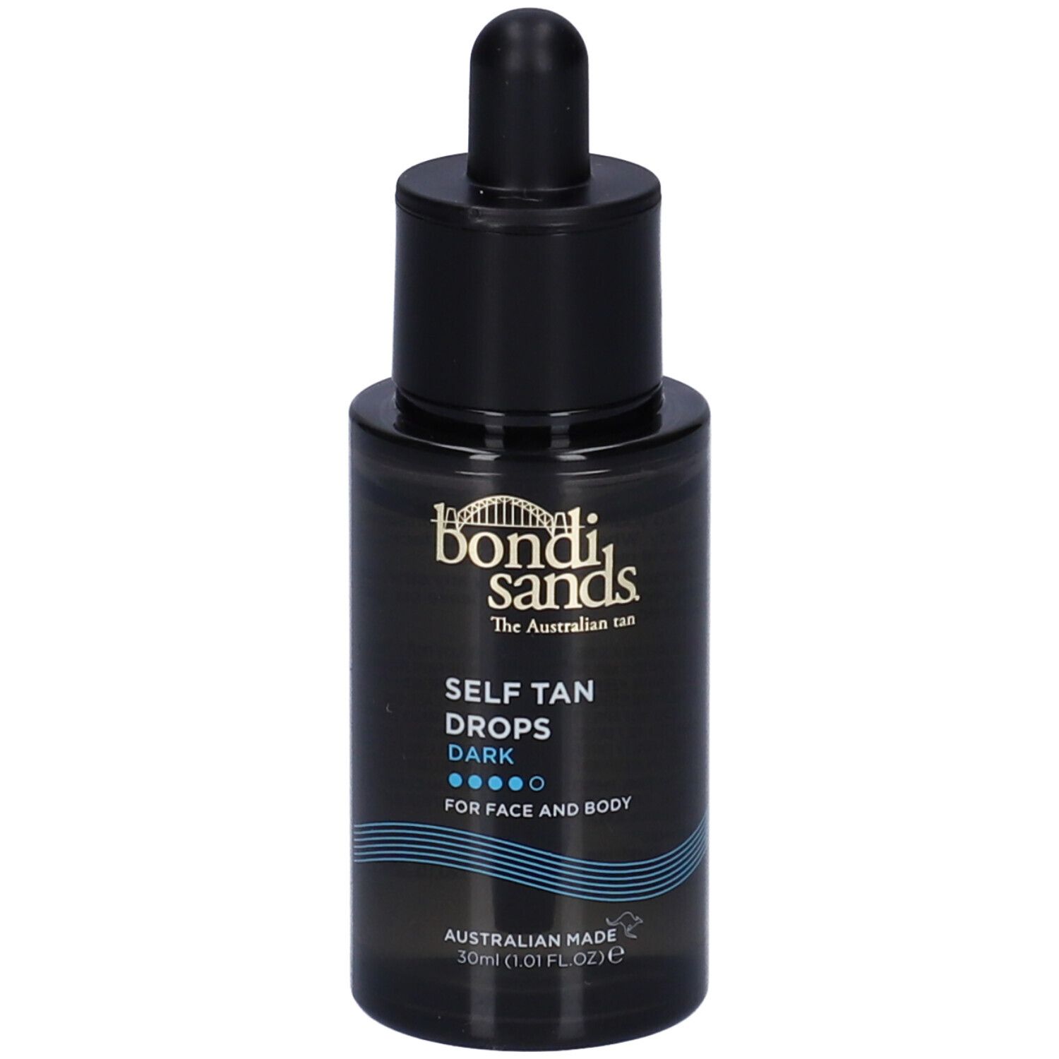 Flacone nero di gocce autoabbronzanti Dark. Testo: Bondi Sands, per viso e corpo. Contagocce.