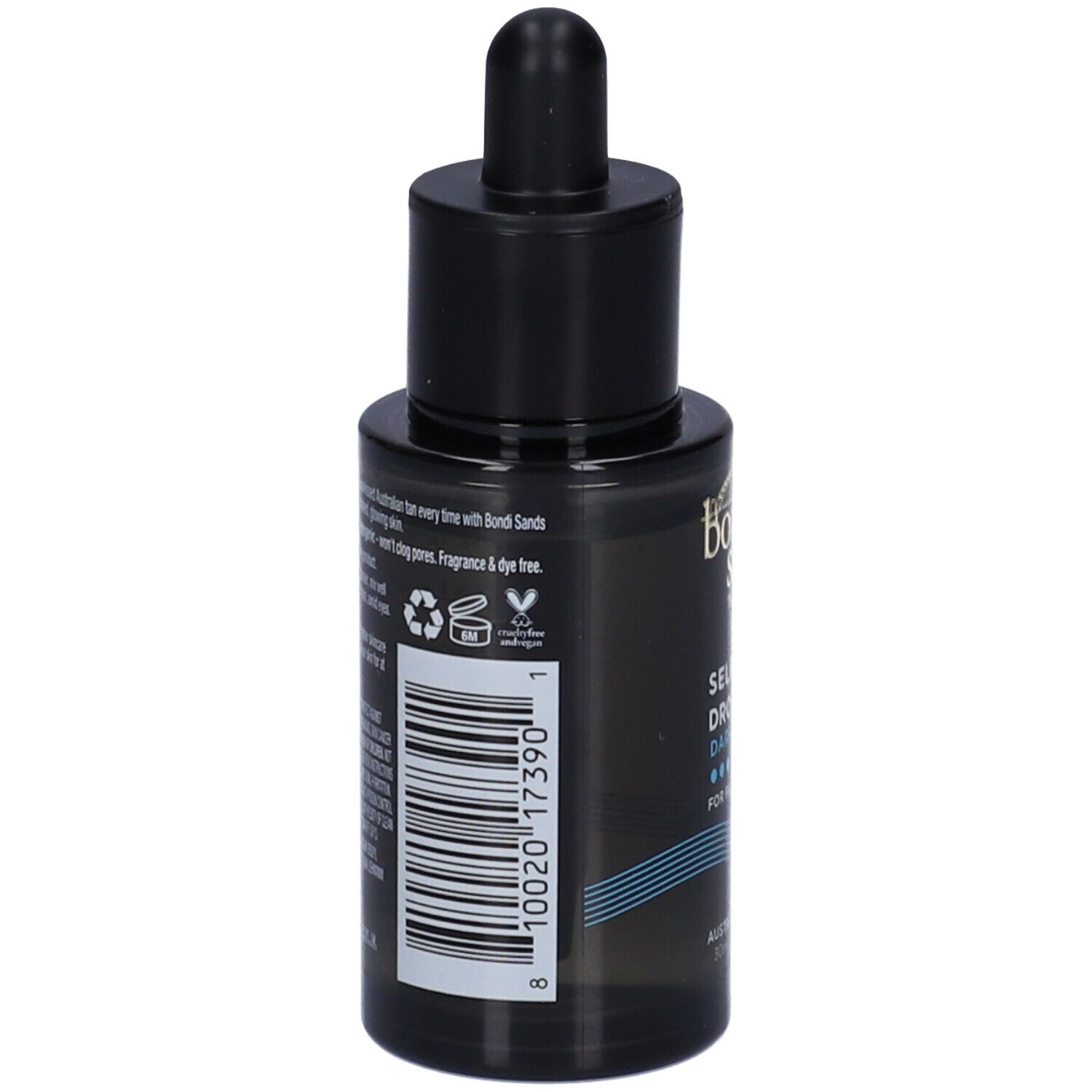 Retro del flacone di gocce autoabbronzanti Dark. Testo: Bondi Sands, ingredienti, codice a barre, logo vegano.