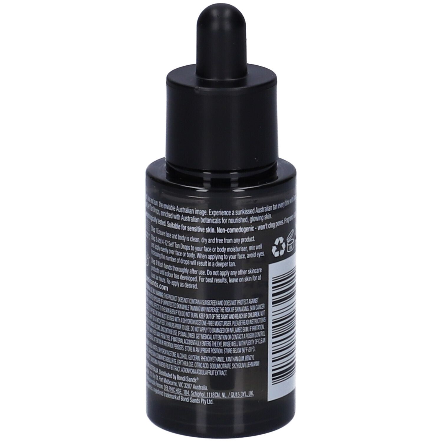 Retro del flacone di gocce autoabbronzanti Dark. Testo: Bondi Sands, istruzioni per l'uso, ingredienti, logo vegano.