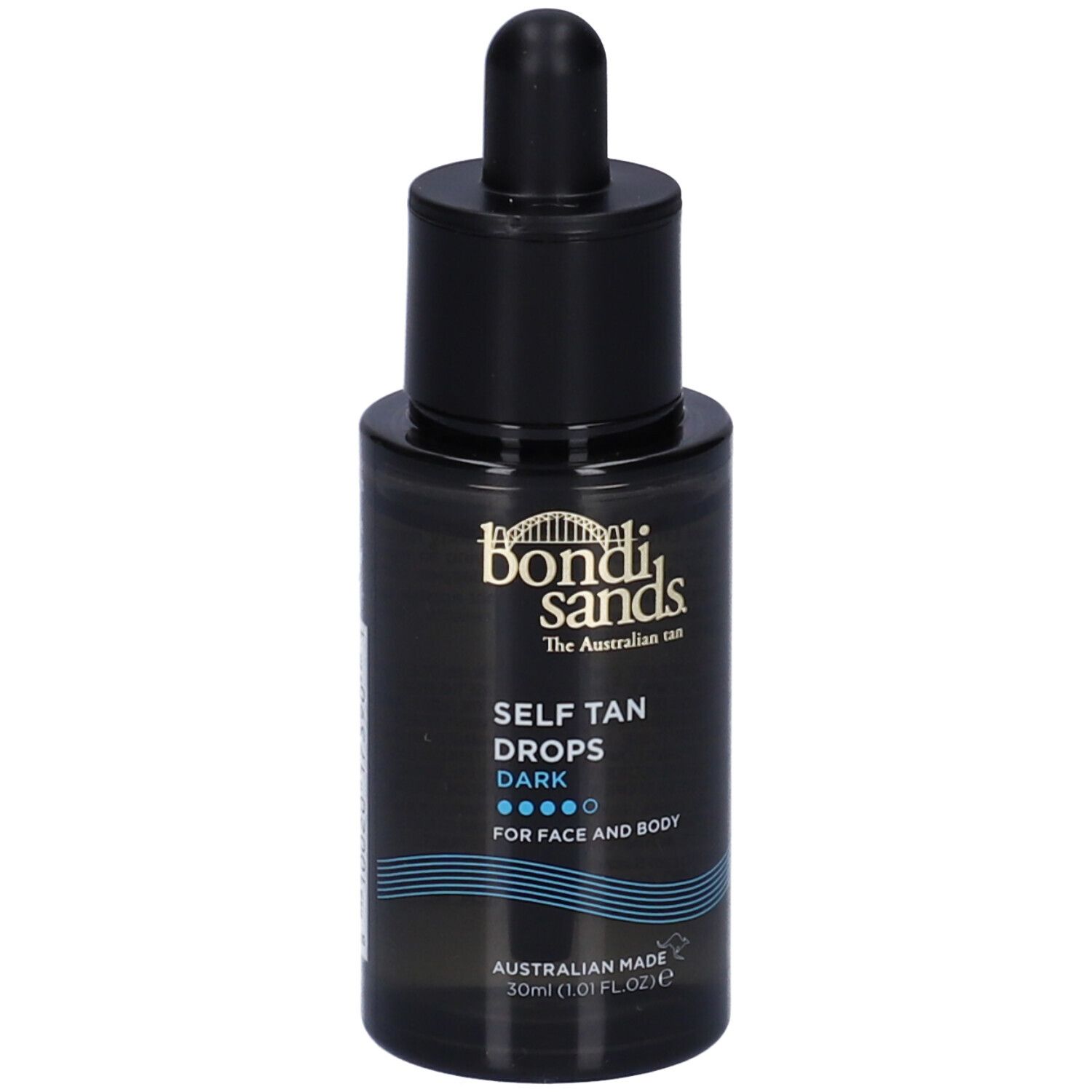 Flacone nero di gocce autoabbronzanti Dark. Testo: Bondi Sands, per viso e corpo. Contagocce.