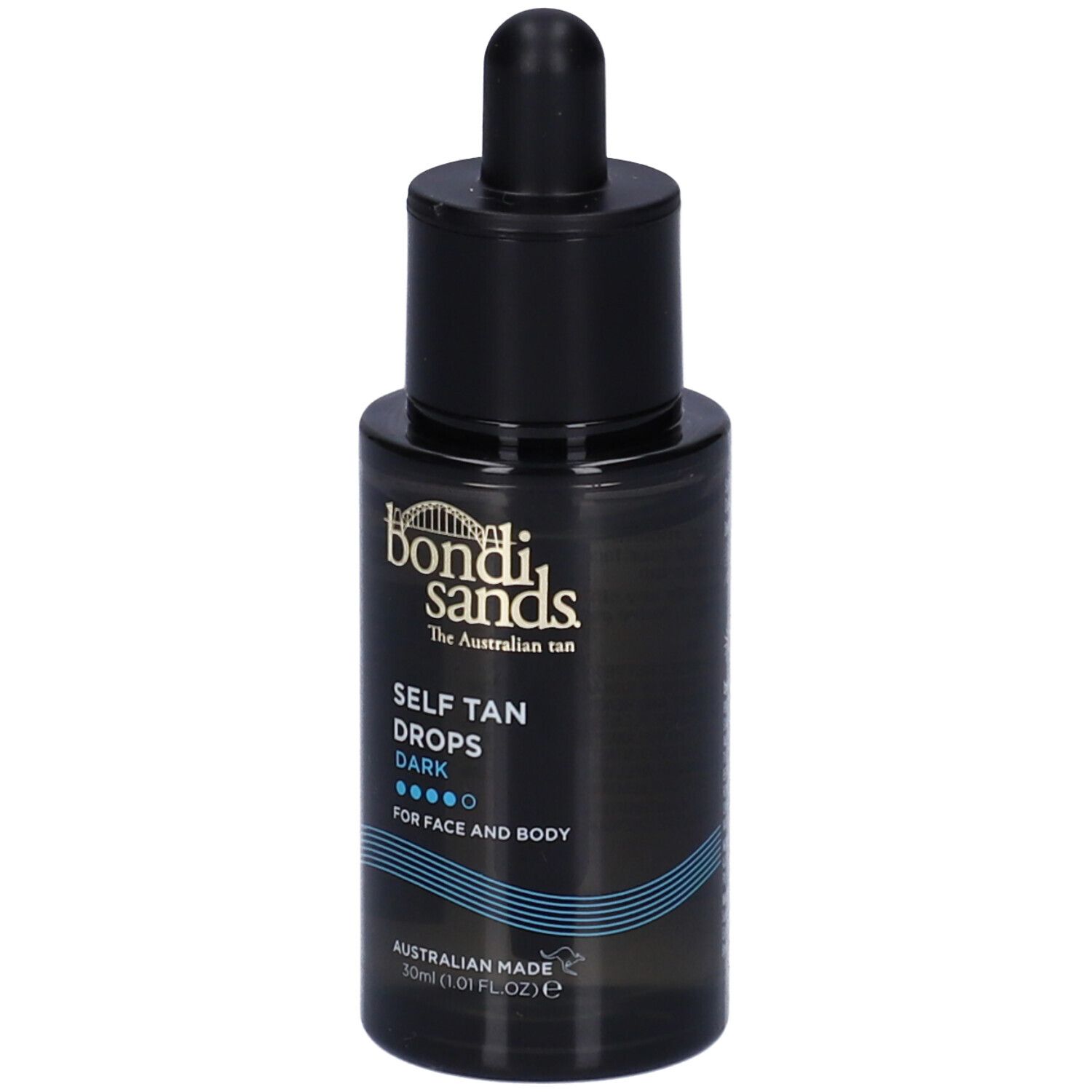 Flacone nero di gocce autoabbronzanti Dark. Testo: Bondi Sands, per viso e corpo. Contagocce.