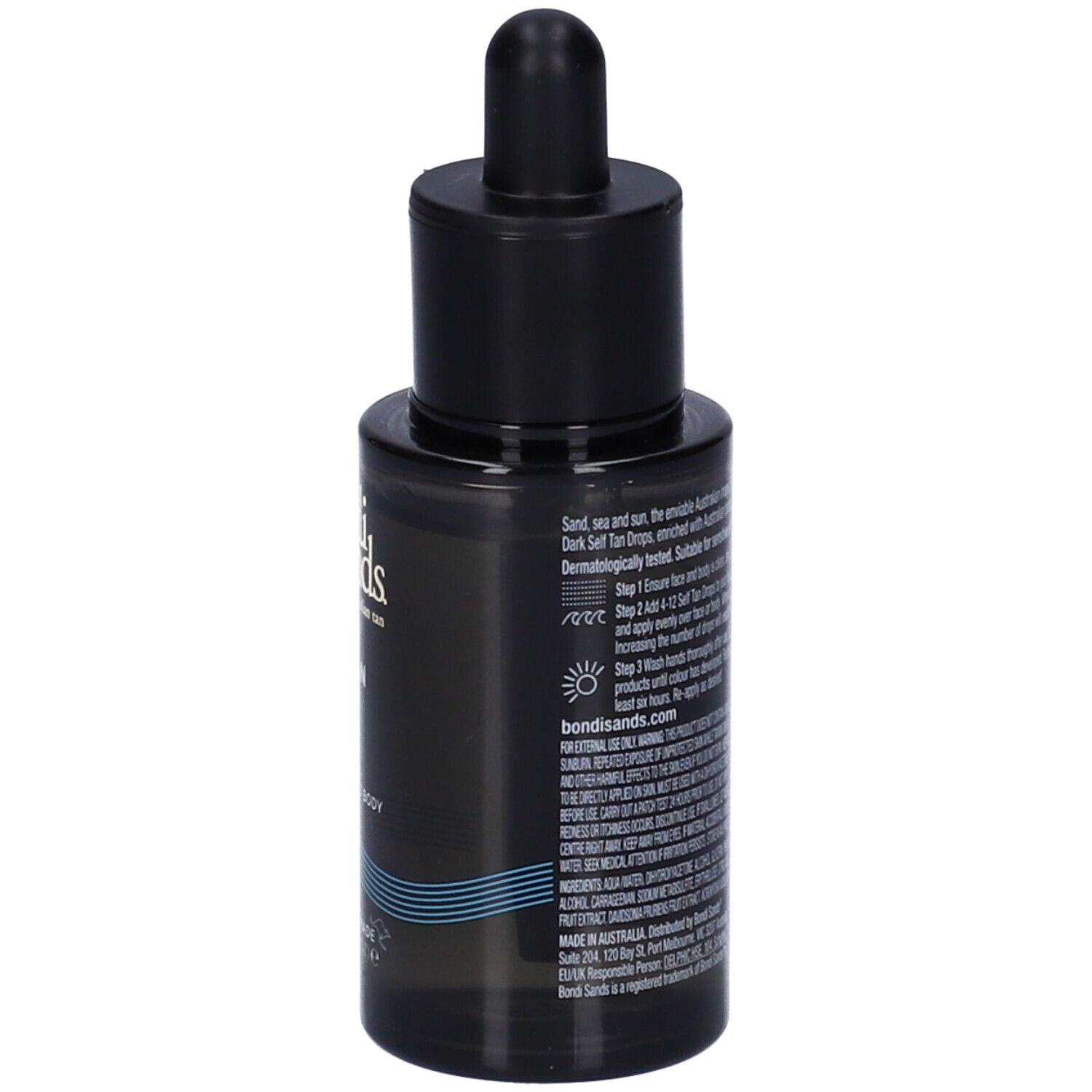 Retro del flacone di gocce autoabbronzanti Dark. Testo: Bondi Sands, istruzioni per l'uso, ingredienti, logo vegano.