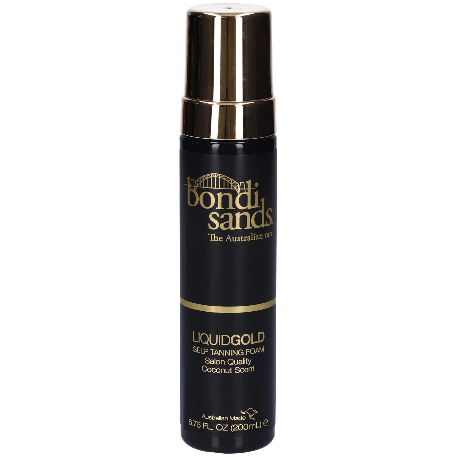 Flacone nero con tappo dorato. Scritto: Bondi Sands Liquid Gold. Schiuma autoabbronzante. Profumo di cocco.