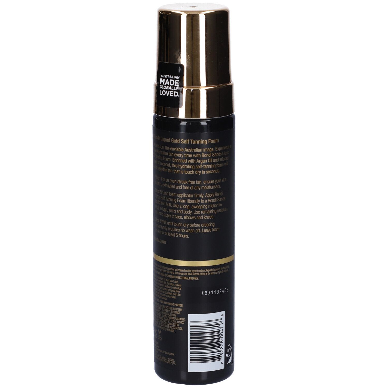 Flacone nero con tappo dorato. Scritto: Bondi Sands. Testo e logo. Adesivo: Made & Loved.