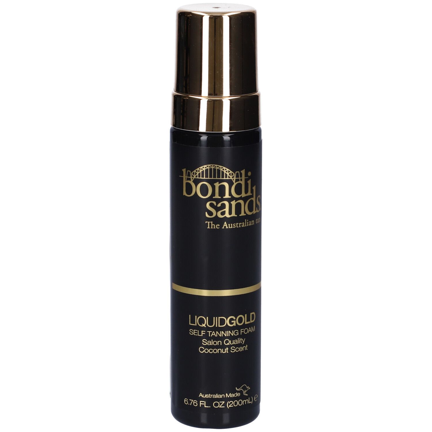 Flacone nero con tappo dorato. Scritto: Bondi Sands Liquid Gold. Schiuma autoabbronzante. Profumo di cocco.