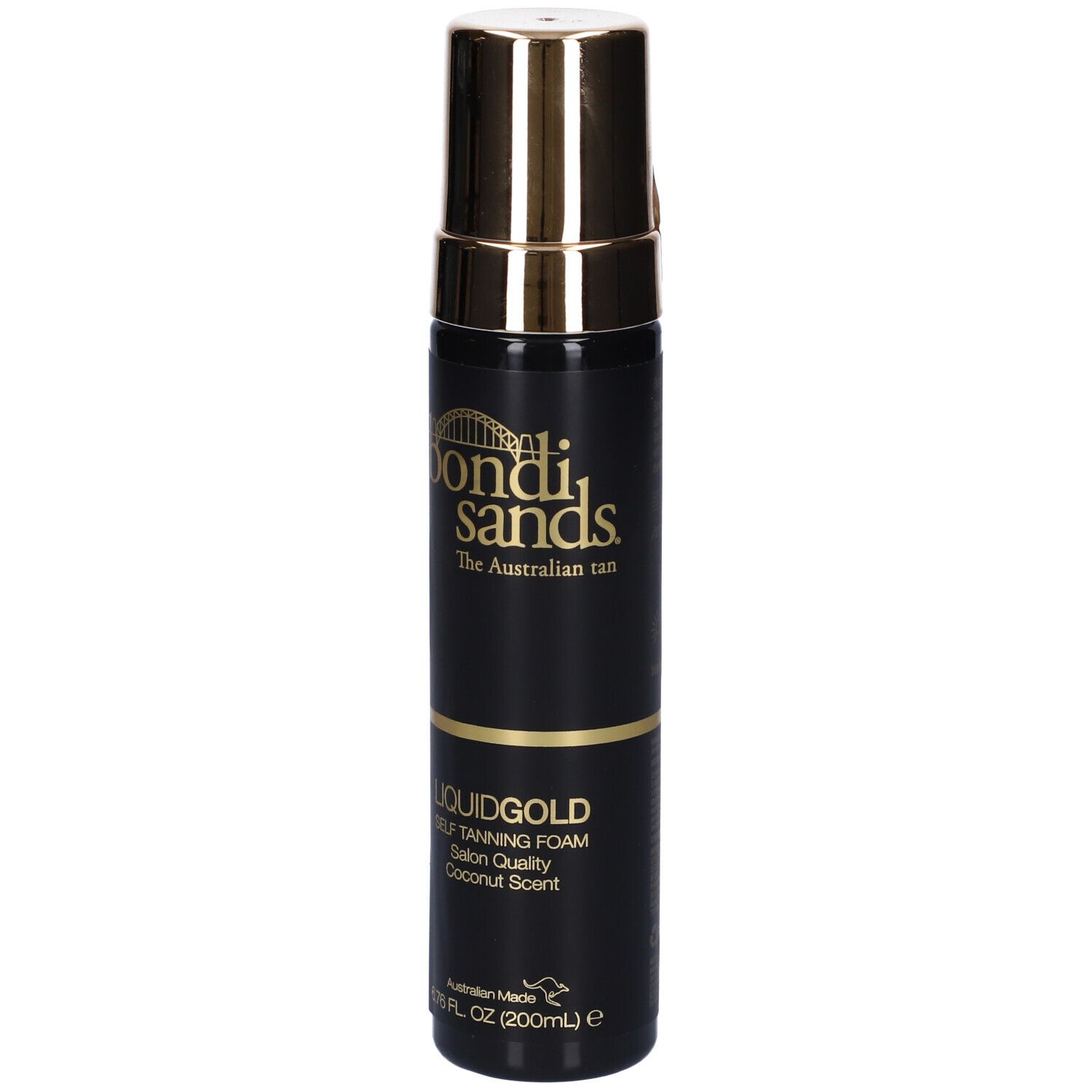 Flacone nero con tappo dorato. Scritto: Bondi Sands Liquid Gold. Schiuma autoabbronzante. Profumo di cocco.