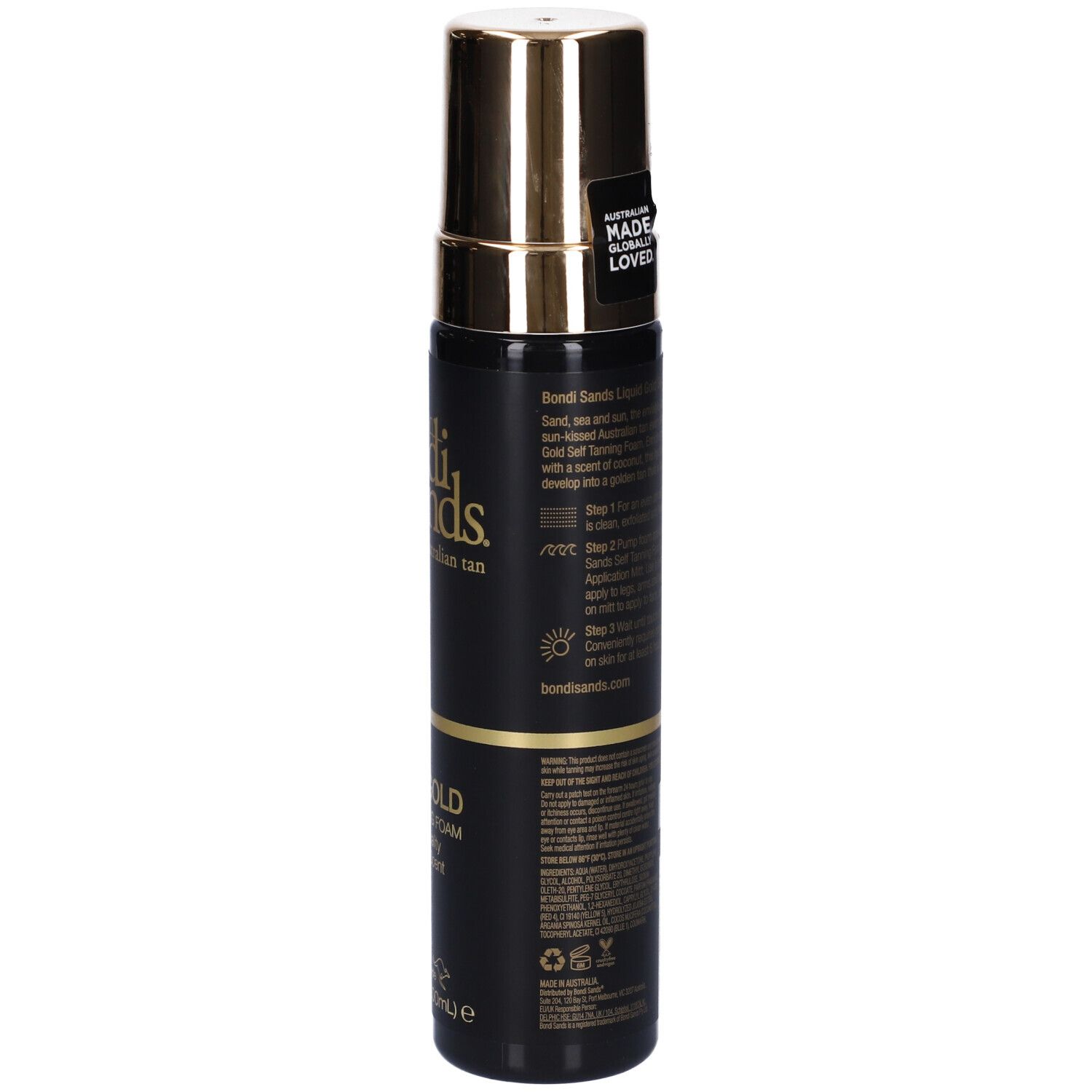 Flacone nero con tappo dorato. Scritto: Bondi Sands. Testo e logo. Adesivo: Made & Loved.