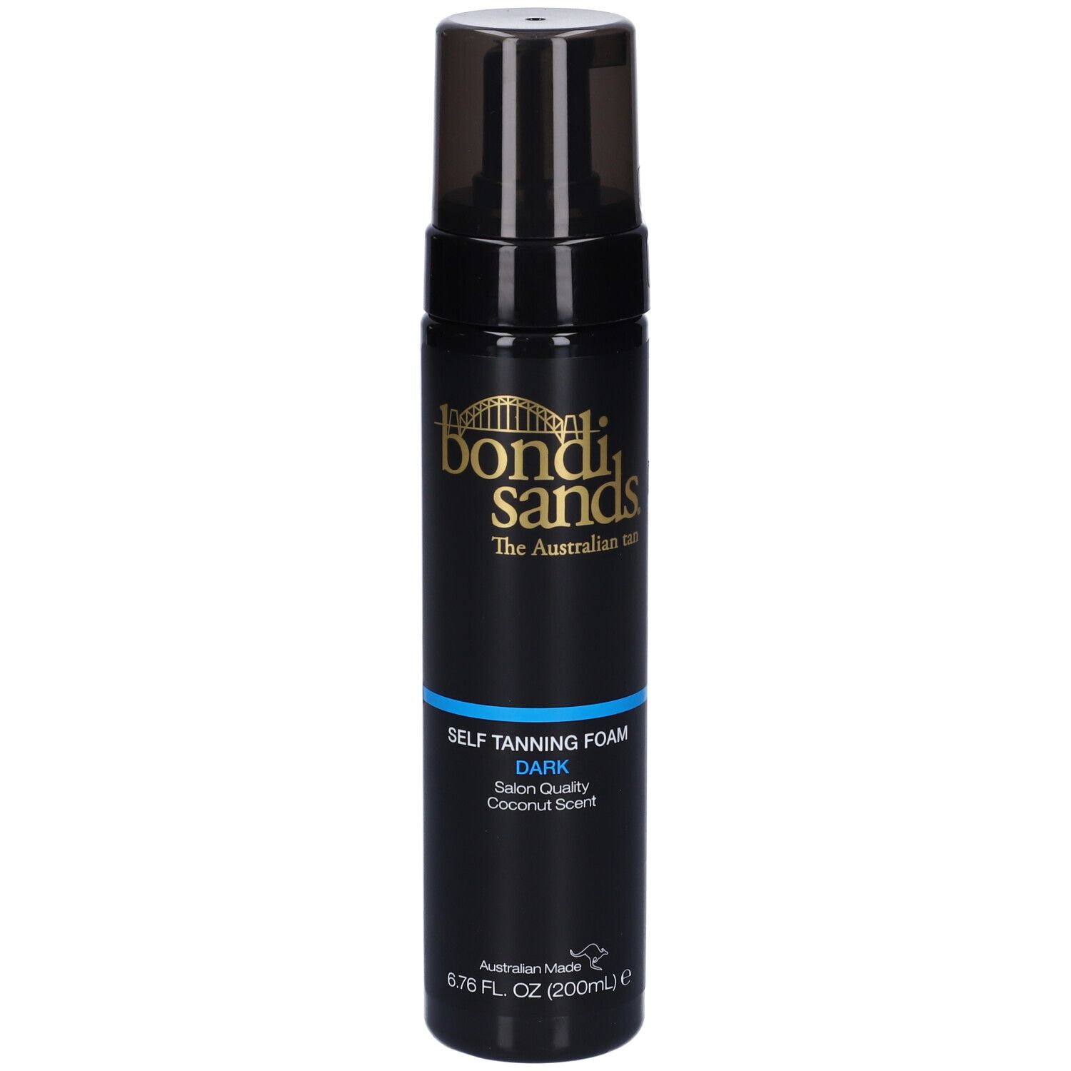 Dunkle Selbstbräunerschaumflasche. Schwarze Flasche mit goldfarbenem Logo. Blaue Schrift: DARK, Salon Quality, Coconut Scent.