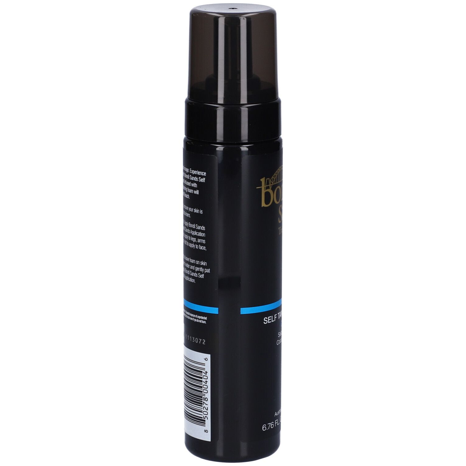 Dunkle Selbstbräunerschaumflasche. Schwarze Flasche mit goldfarbenem Logo. Blaue Schrift: DARK, Salon Quality, Coconut Scent.