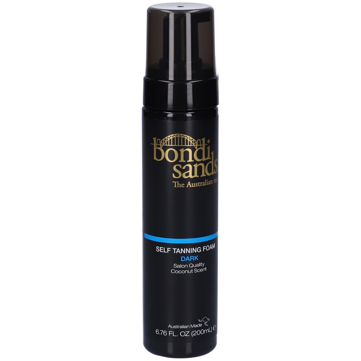 Dunkle Selbstbräunerschaumflasche. Schwarze Flasche mit goldfarbenem Logo. Blaue Schrift: DARK, Salon Quality, Coconut Scent.