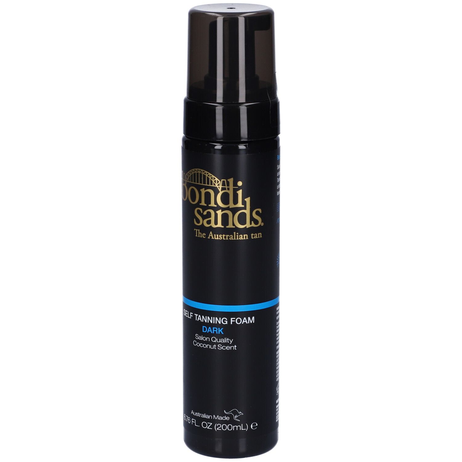 Dunkle Selbstbräunerschaumflasche. Schwarze Flasche mit goldfarbenem Logo. Blaue Schrift: DARK, Salon Quality, Coconut Scent.