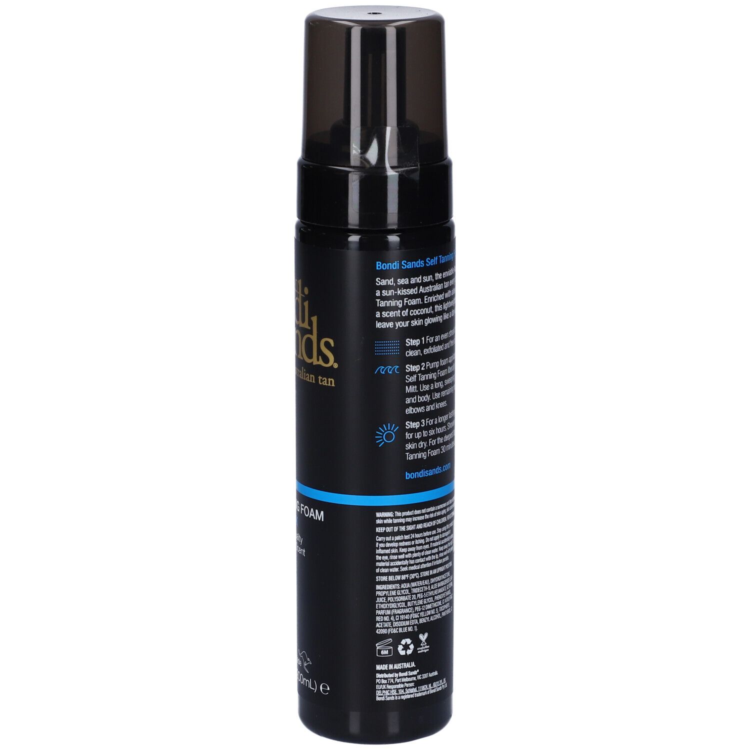 Dunkle Selbstbräunerschaumflasche. Schwarze Flasche mit goldfarbenem Logo. Blaue Schrift: DARK, Salon Quality, Coconut Scent.