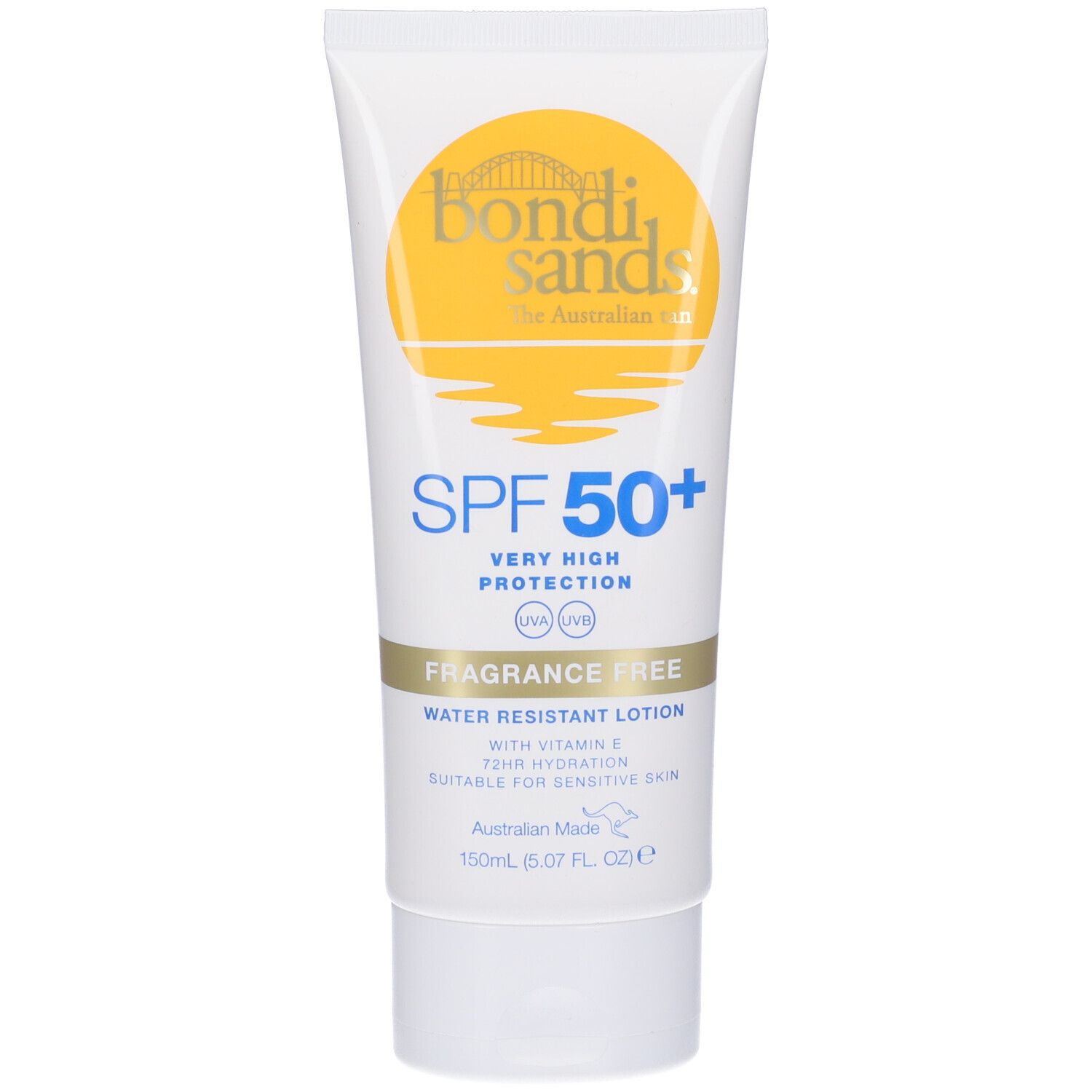 Tubo bianco con etichetta gialla. Logo Bondi Sands, SPF 50+, "Fragrance Free" e altre informazioni.