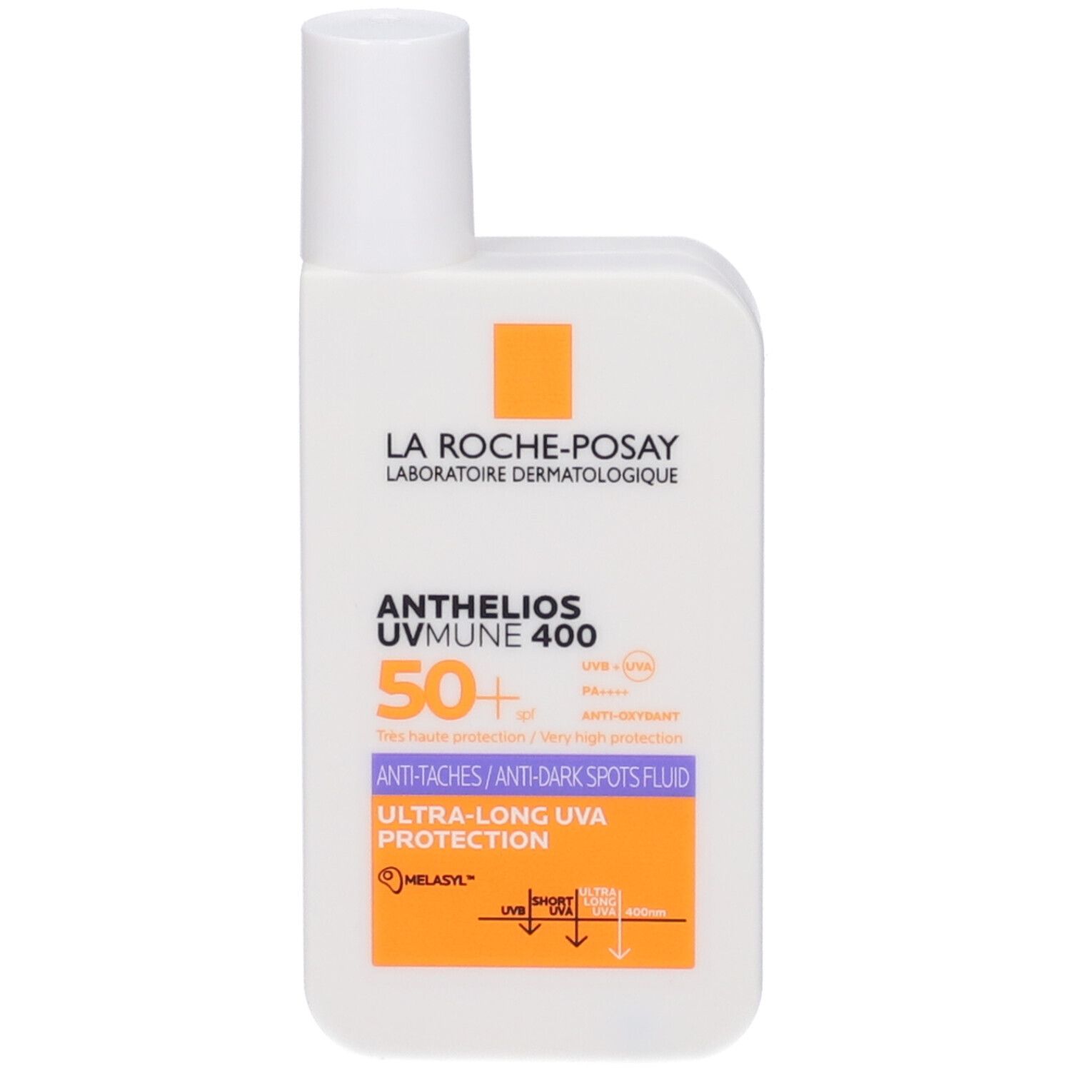 Flacone bianco La Roche-Posay Anthelios UVMune 400. Scritte arancioni e blu. Protezione SPF 50+.