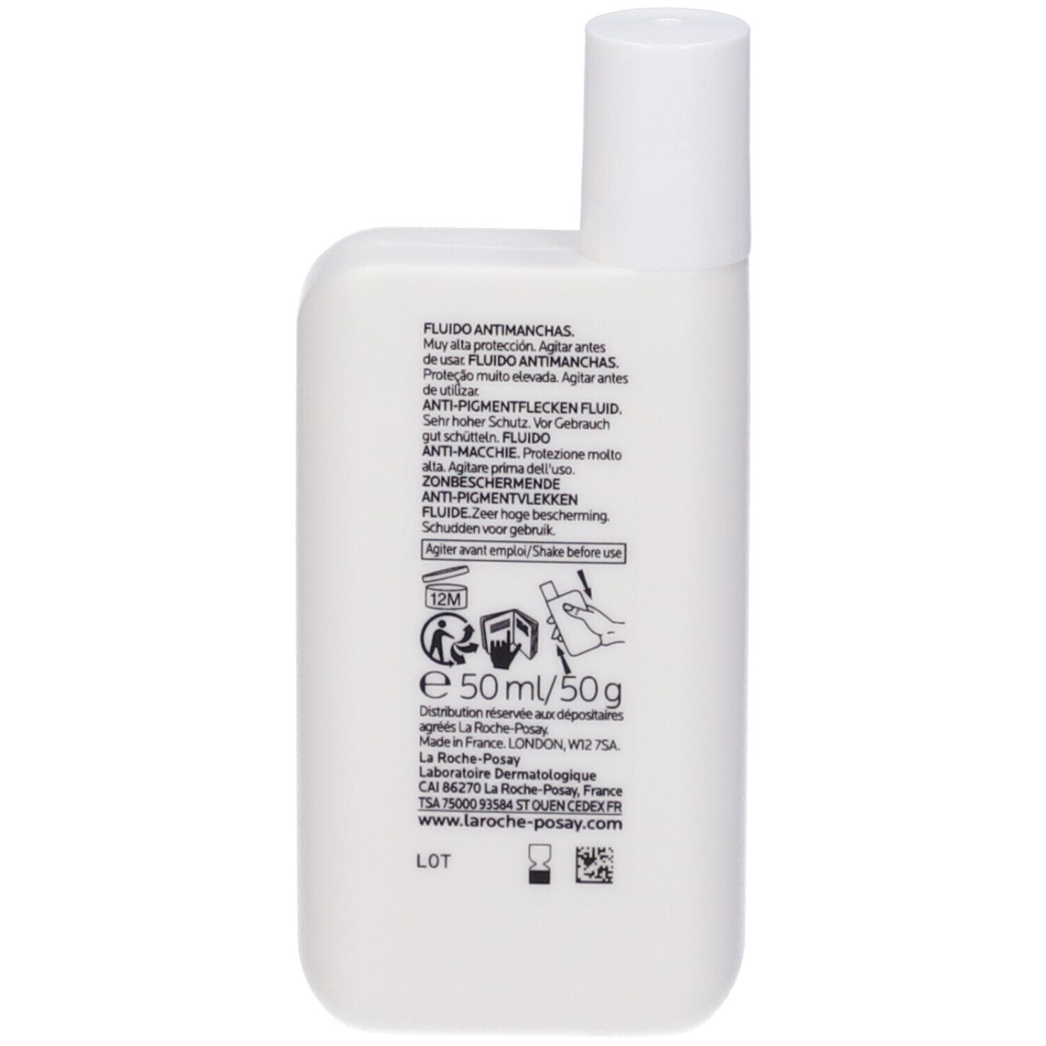 Retro del flacone bianco. Informazioni e istruzioni. Contiene 50 ml/50 g.