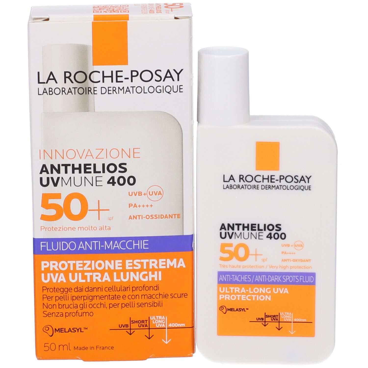 Flacone e confezione La Roche-Posay Anthelios UVMune 400. SPF 50+. Scritte blu e arancioni.
