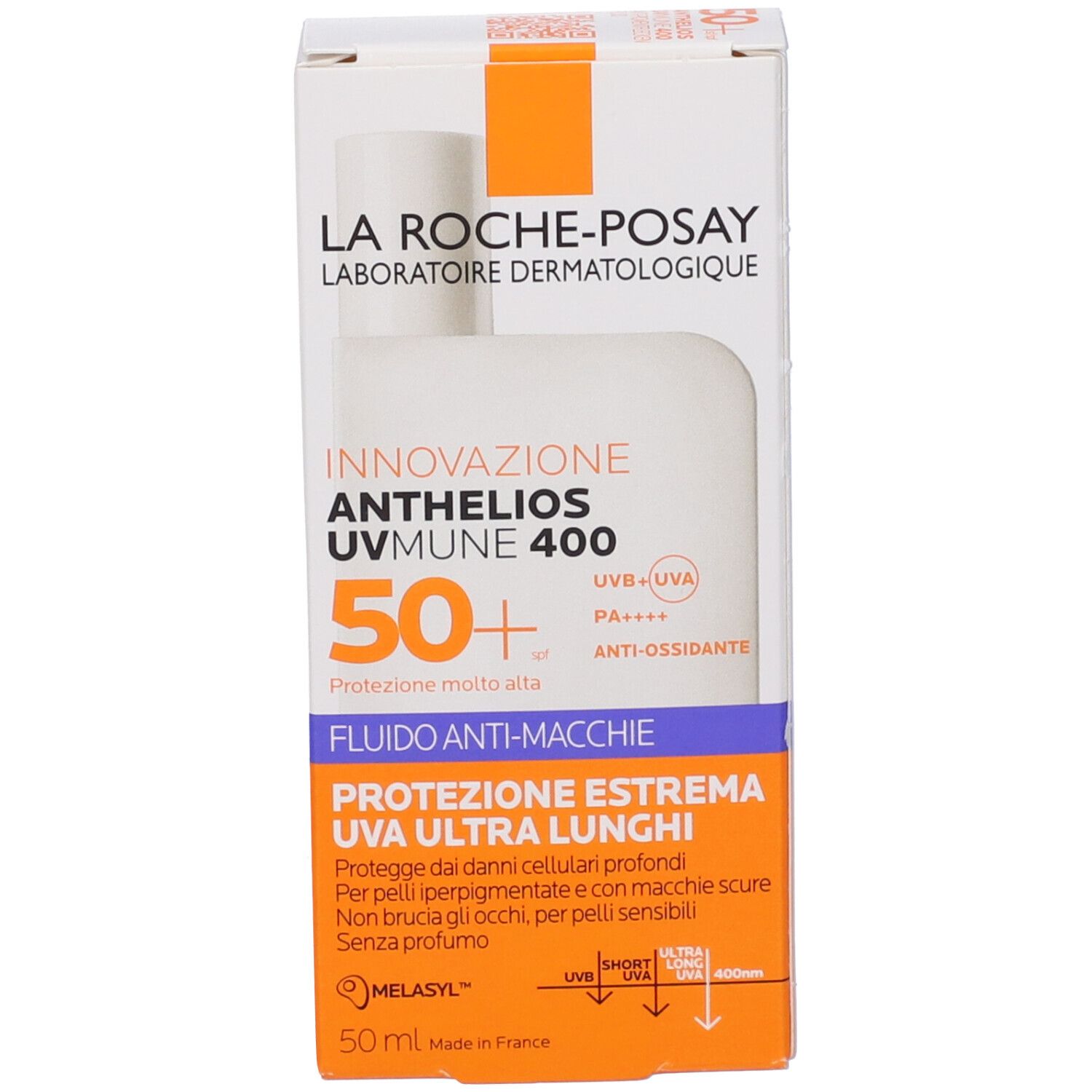 Confezione La Roche-Posay Anthelios UVMune 400. SPF 50+. Scritte blu e arancioni.