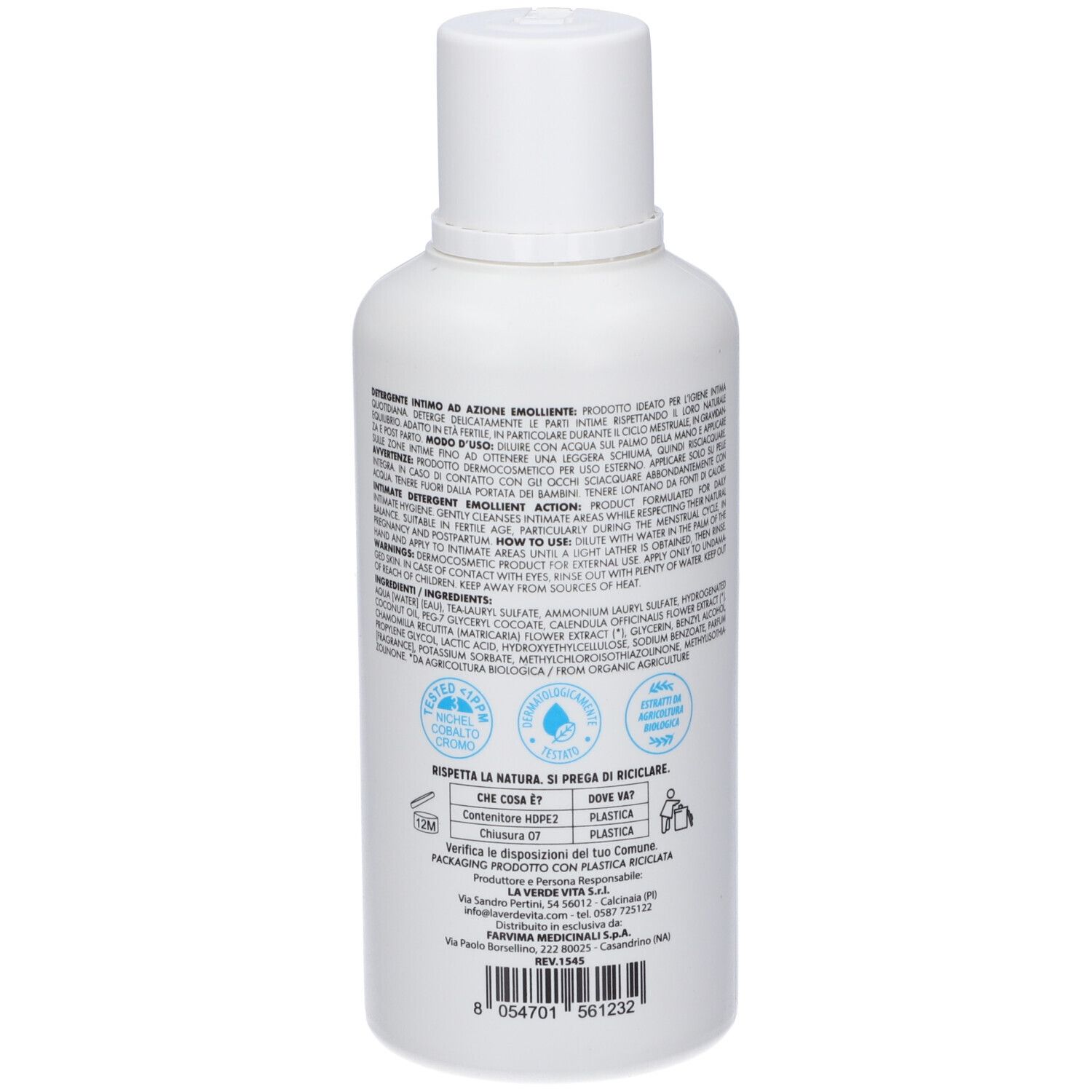 Weiße Flasche mit detaillierten Produktinformationen und Zertifizierungslogos.