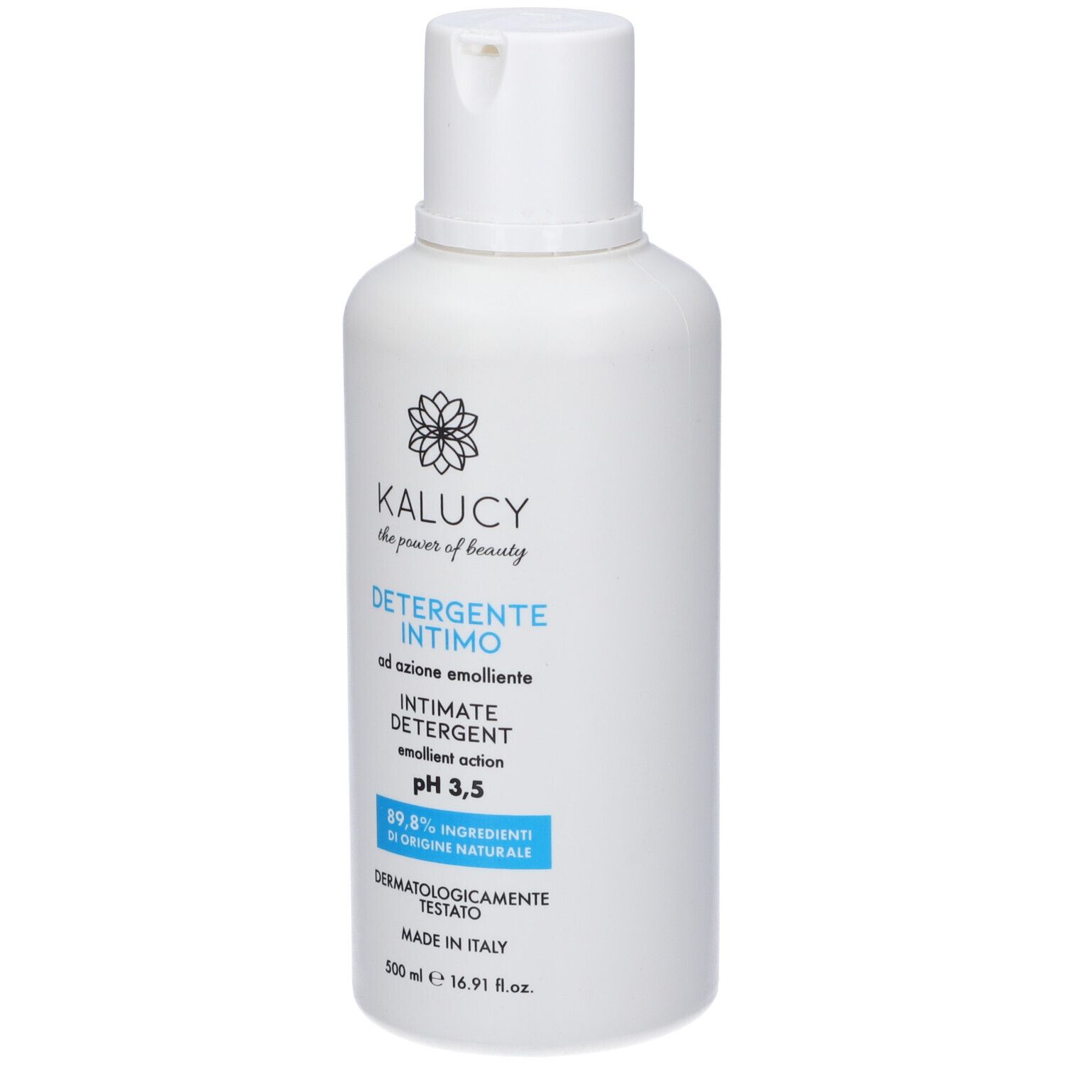 Weiße Flasche mit Kalucy Intimwaschmittel, pH 3,5, 500 ml.