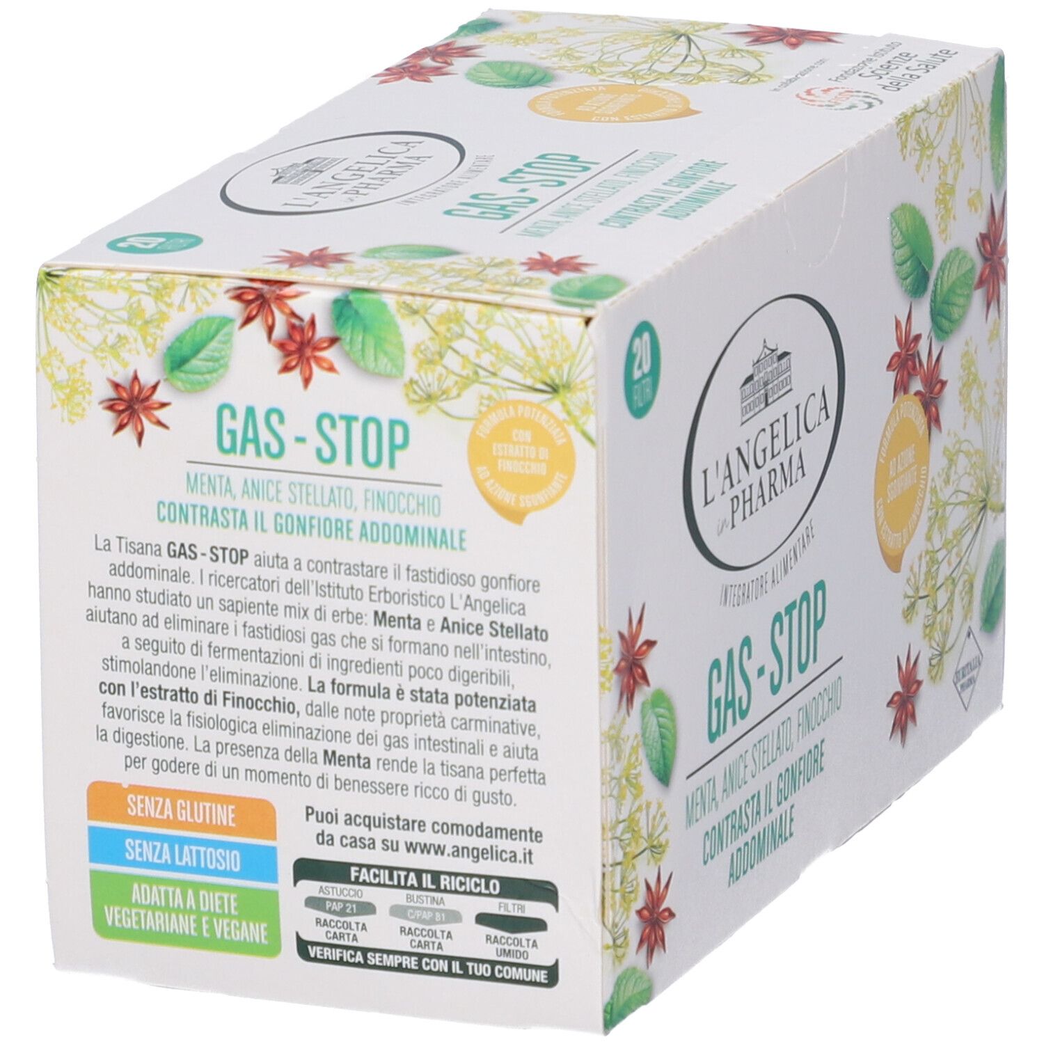 Karton L'Angelica Gas-Stop Tee. Aufschrift: Gas-Stop, 20 Filter. Details zu Inhaltsstoffen und Zertifizierungen.