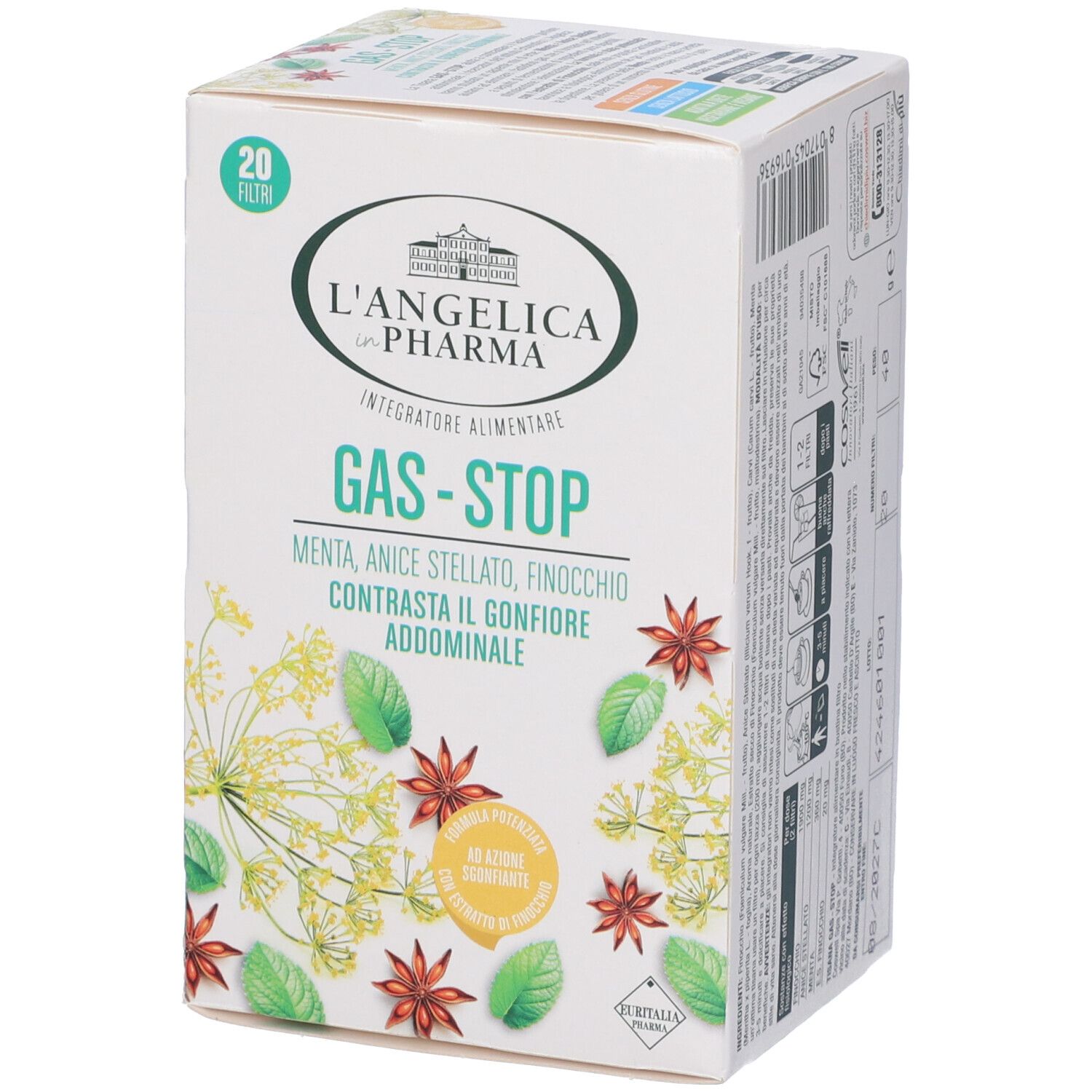 Karton L'Angelica Gas-Stop Tee. Aufschrift: Gas-Stop, 20 Filter. Illustrationen von Sternanis und Kräutern.
