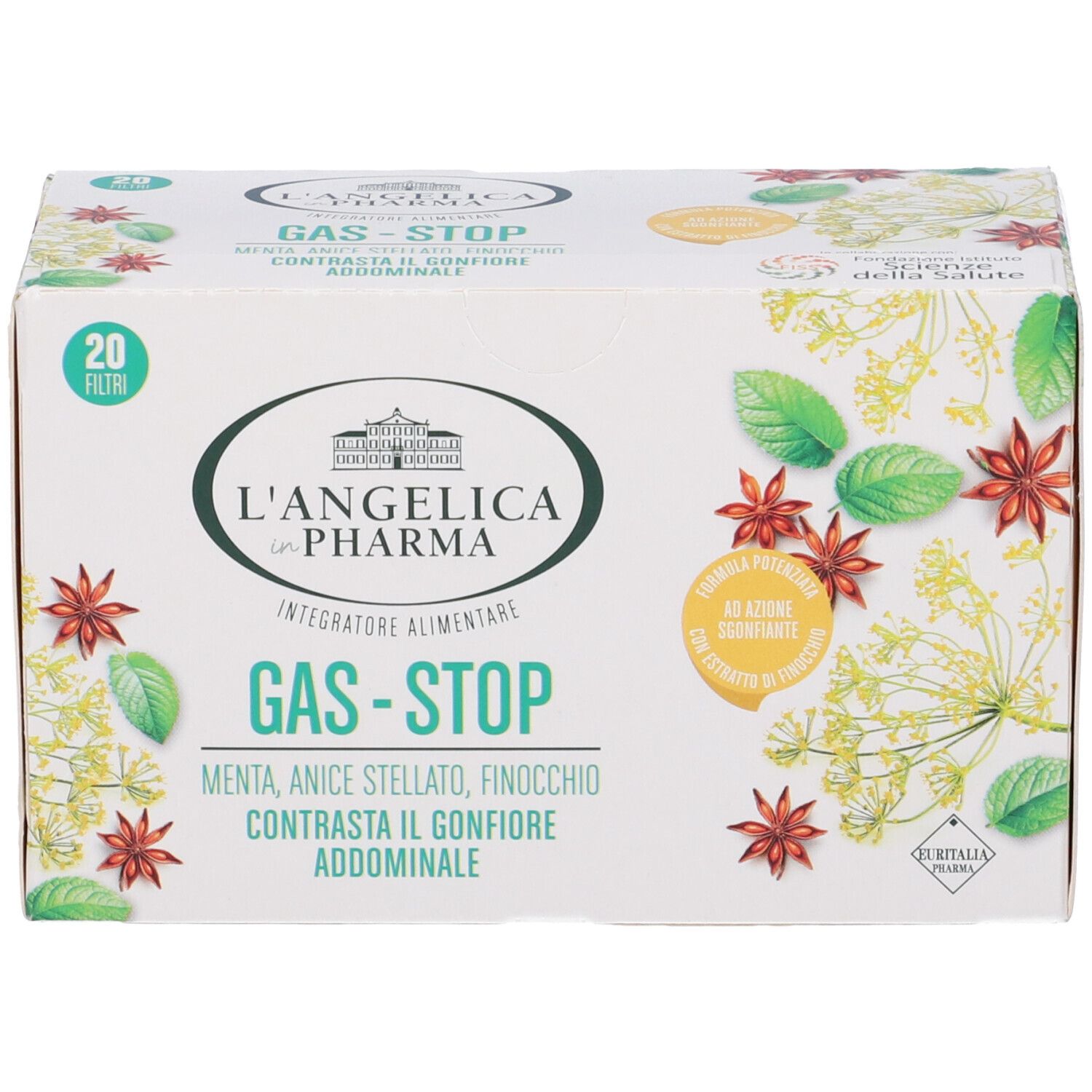 Karton L'Angelica Gas-Stop Tee. Aufschrift: Gas-Stop, 20 Filter. Illustrationen von Sternanis und Kräutern.