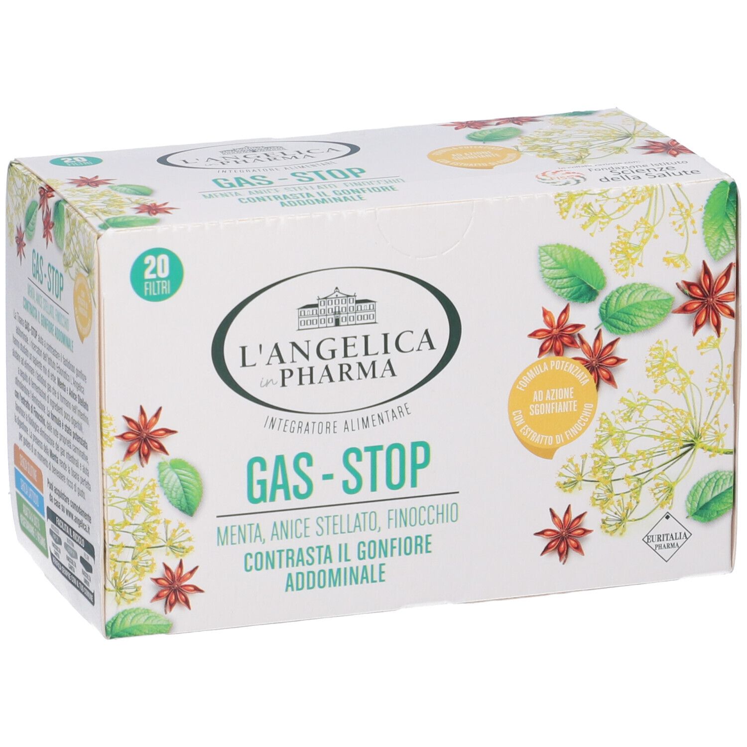Karton L'Angelica Gas-Stop Tee. Aufschrift: Gas-Stop, 20 Filter. Illustrationen von Sternanis und Kräutern.