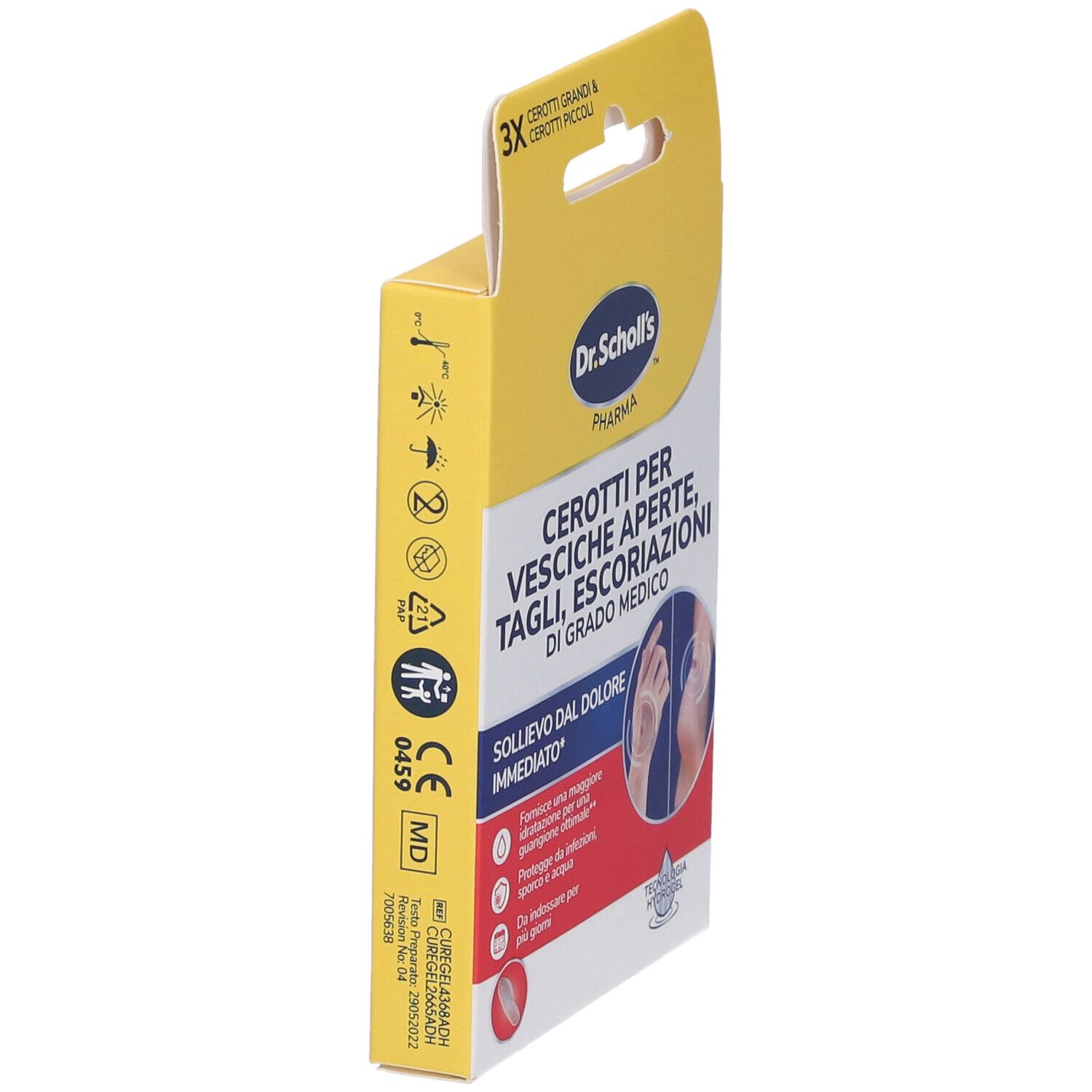 Dr. Scholl's Verpackung, Seitenansicht. Enthält Pflaster für Blasen, Schnitte und Abschürfungen. Gelb-weißes Design.