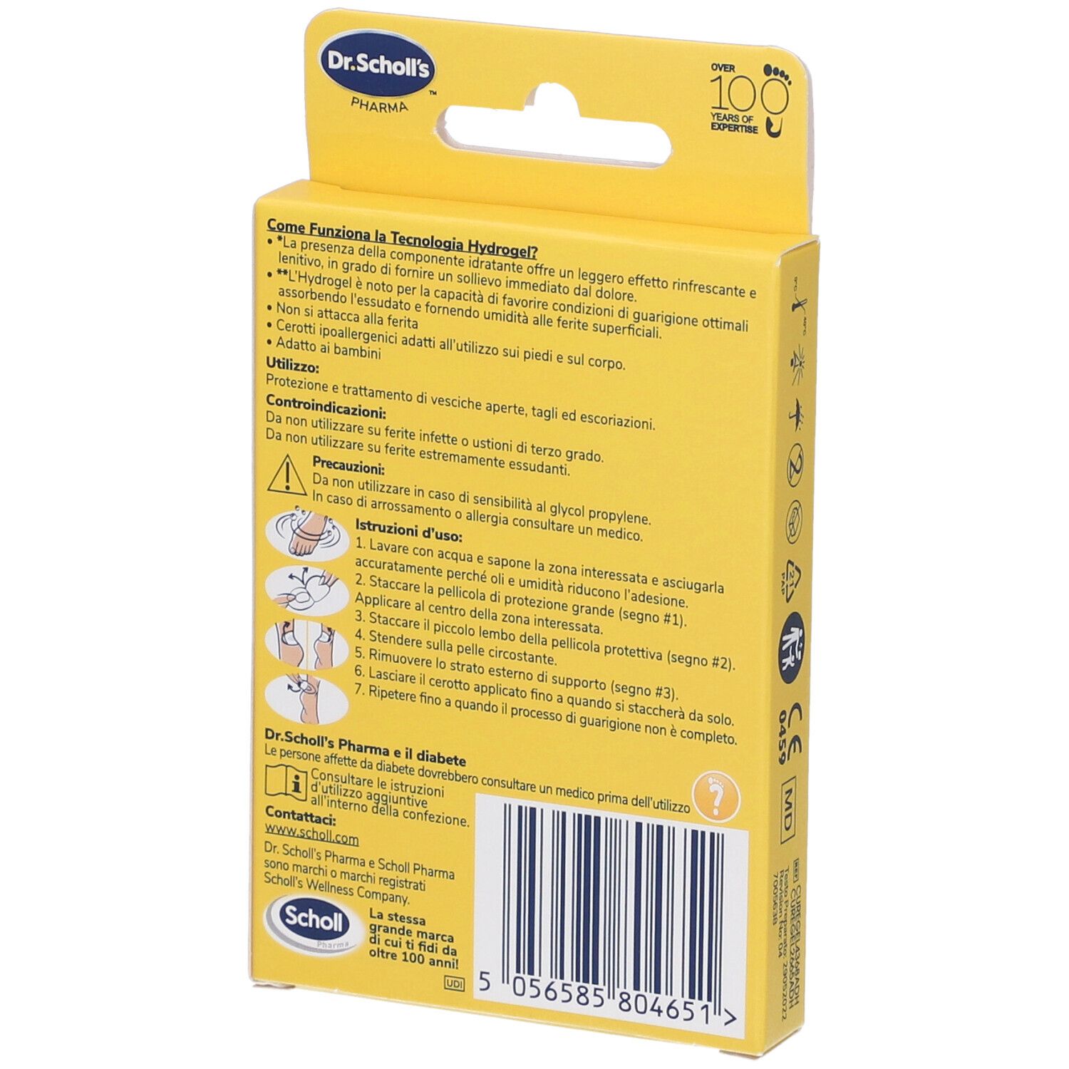 Rückseite der Dr. Scholl's Verpackung. Enthält Informationen zur Anwendung und Inhaltsstoffe. Gelbes Design mit Text.