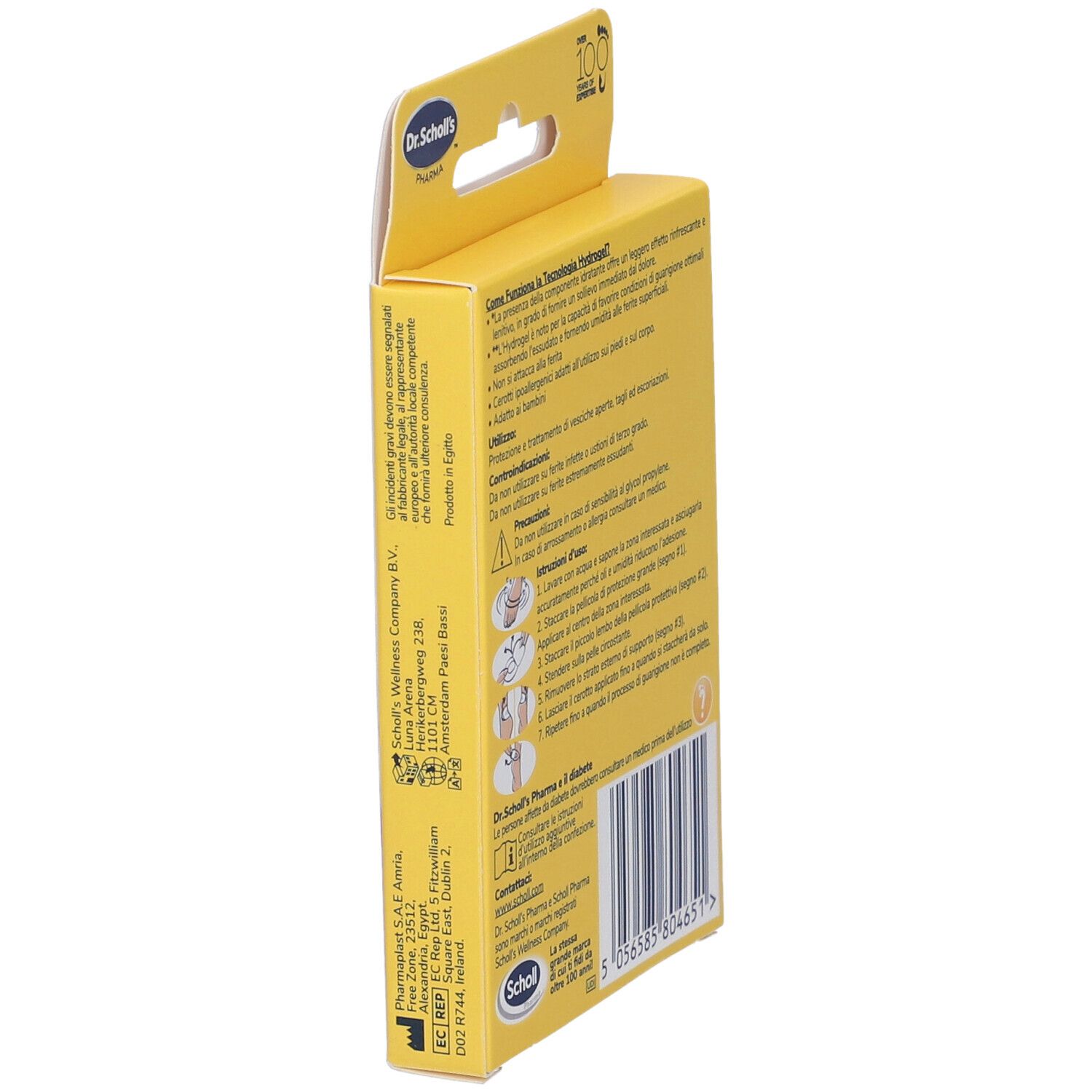 Seite der Dr. Scholl's Verpackung. Enthält Informationen und Barcode. Gelbes Design mit Text.