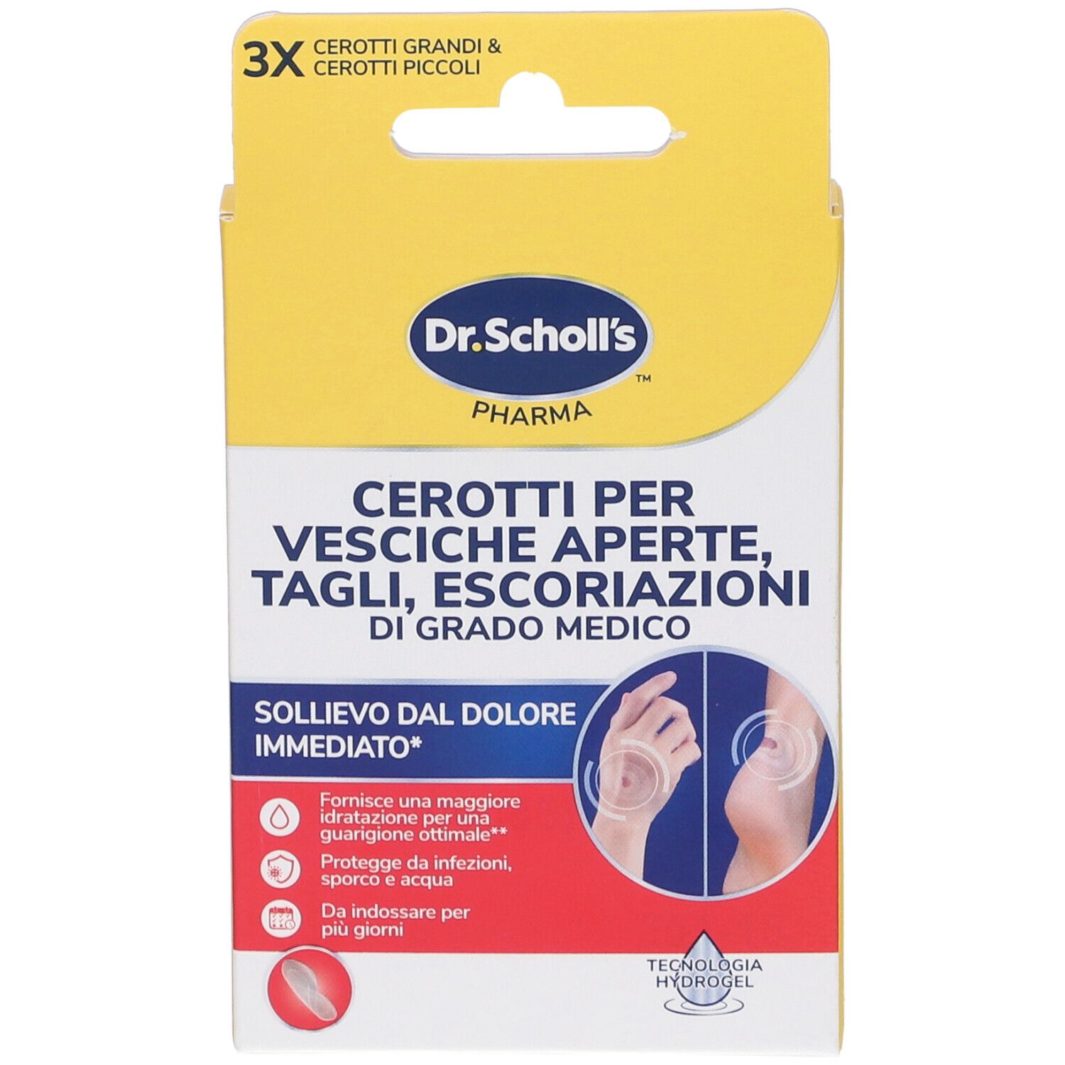 Dr. Scholl's Verpackung. Enthält Pflaster für Blasen, Schnitte und Abschürfungen. Gelb-weißes Design mit Produktnamen.