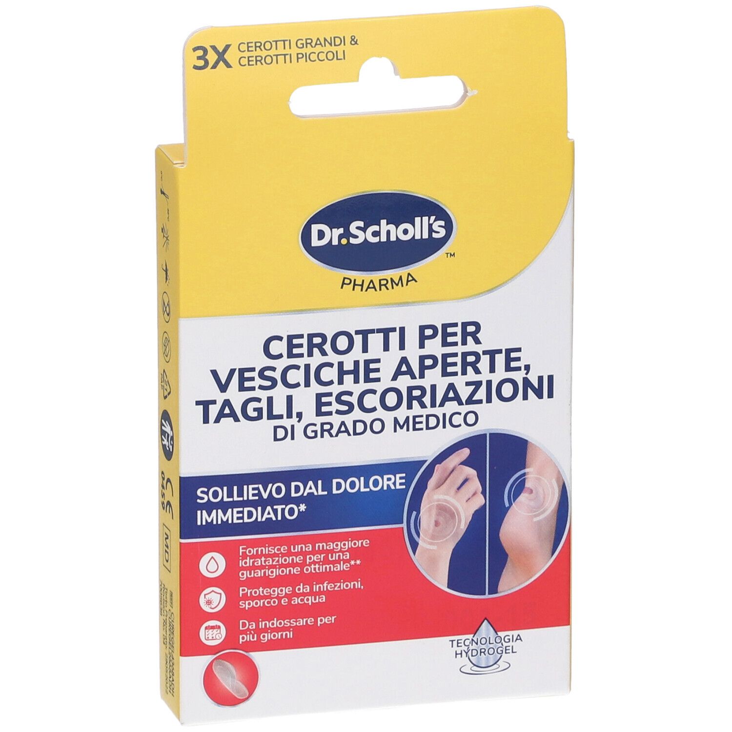 Dr. Scholl's Verpackung. Enthält Pflaster für Blasen, Schnitte und Abschürfungen. Gelb-weißes Design mit Produktnamen.