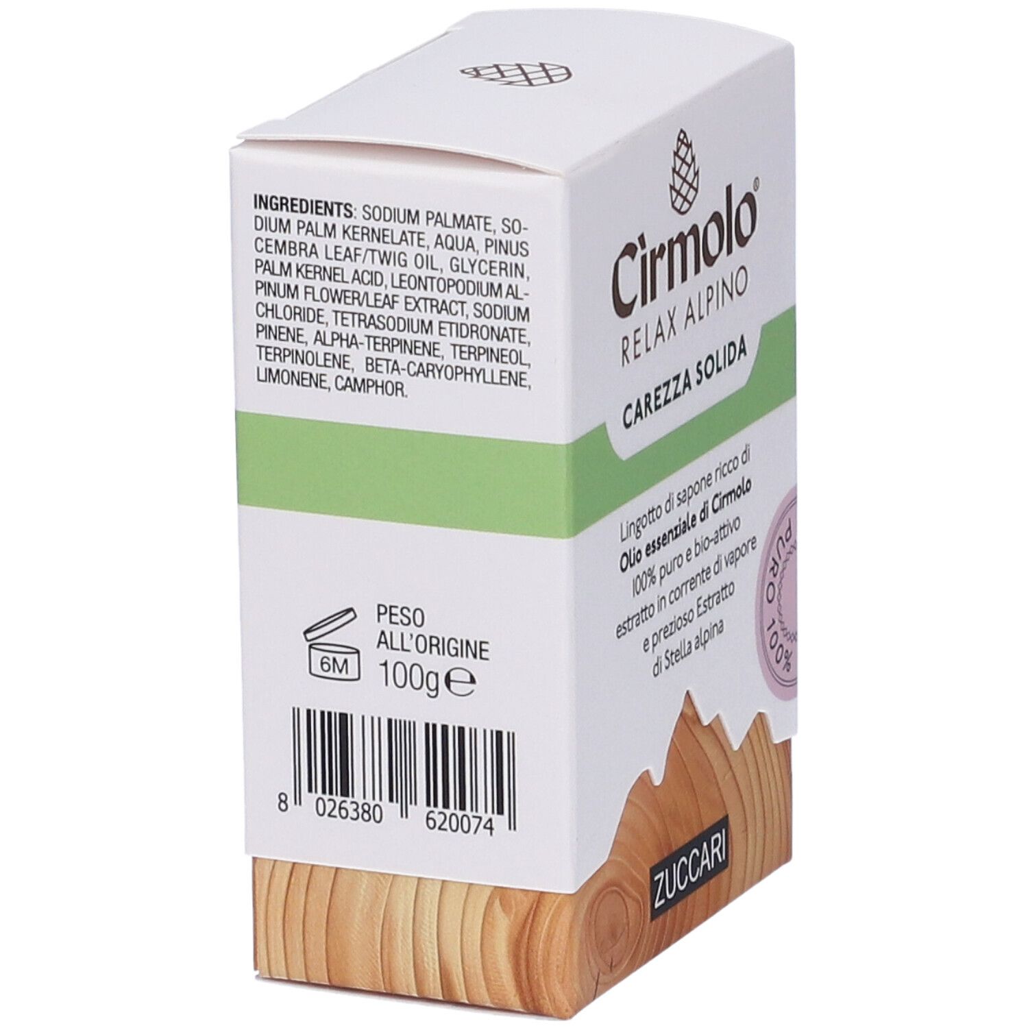 Retro della confezione del prodotto. Elenco ingredienti, testo e codice a barre. Effetto legno sul fondo.