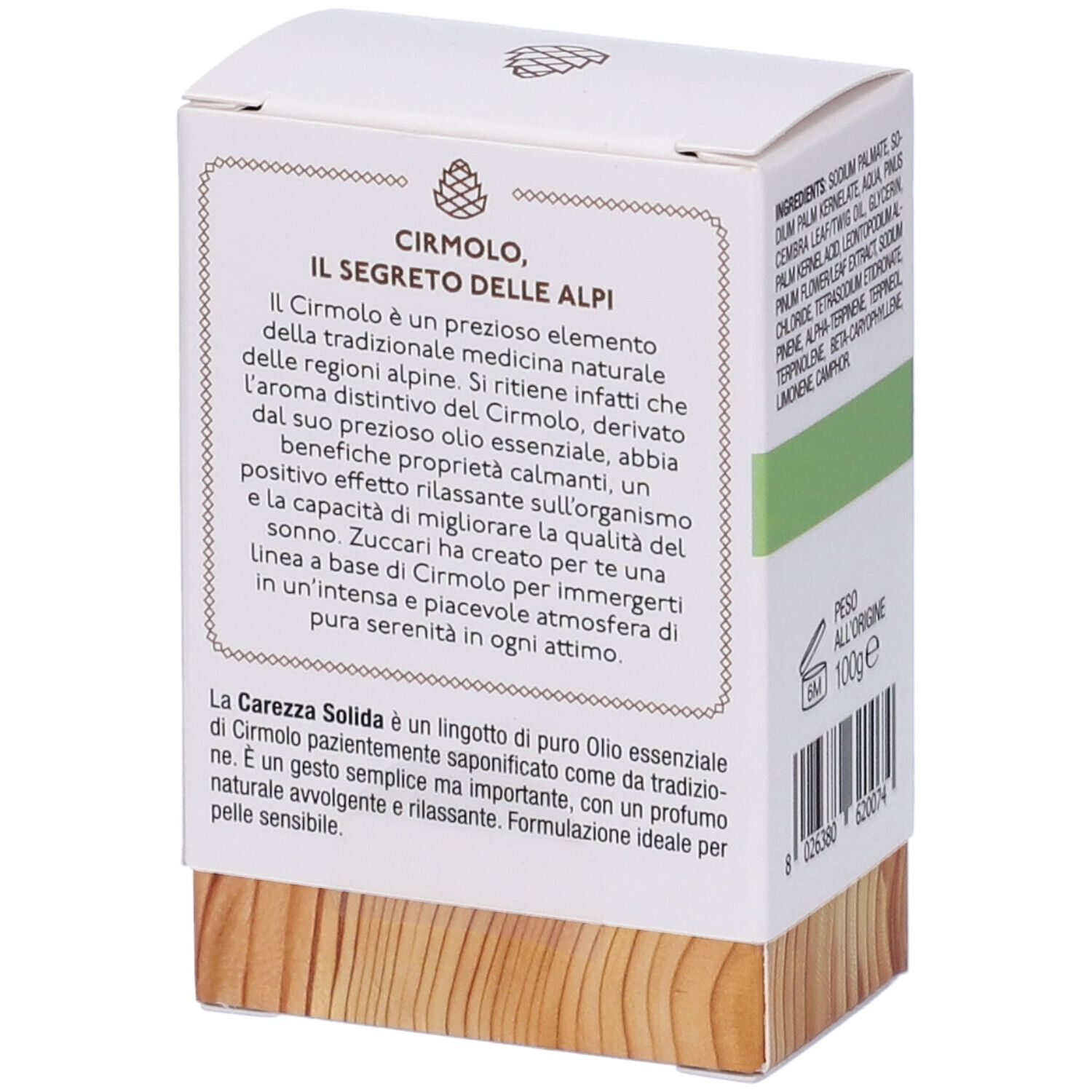 Retro della confezione del prodotto. Testo sul prodotto e codice a barre. Effetto legno sul fondo.