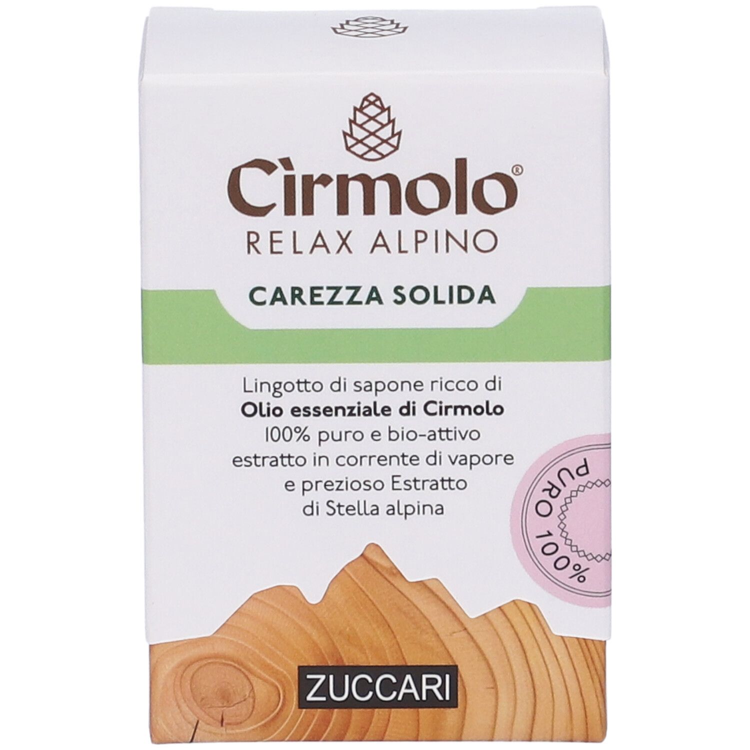 Confezione del prodotto con nome e logo. Testo: Cirmolo Relax Alpino Carezza Solida. Effetto legno.