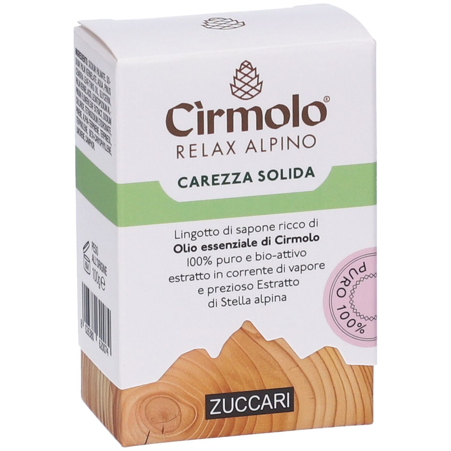 Confezione del prodotto con nome e logo. Testo: Cirmolo Relax Alpino Carezza Solida. Effetto legno.