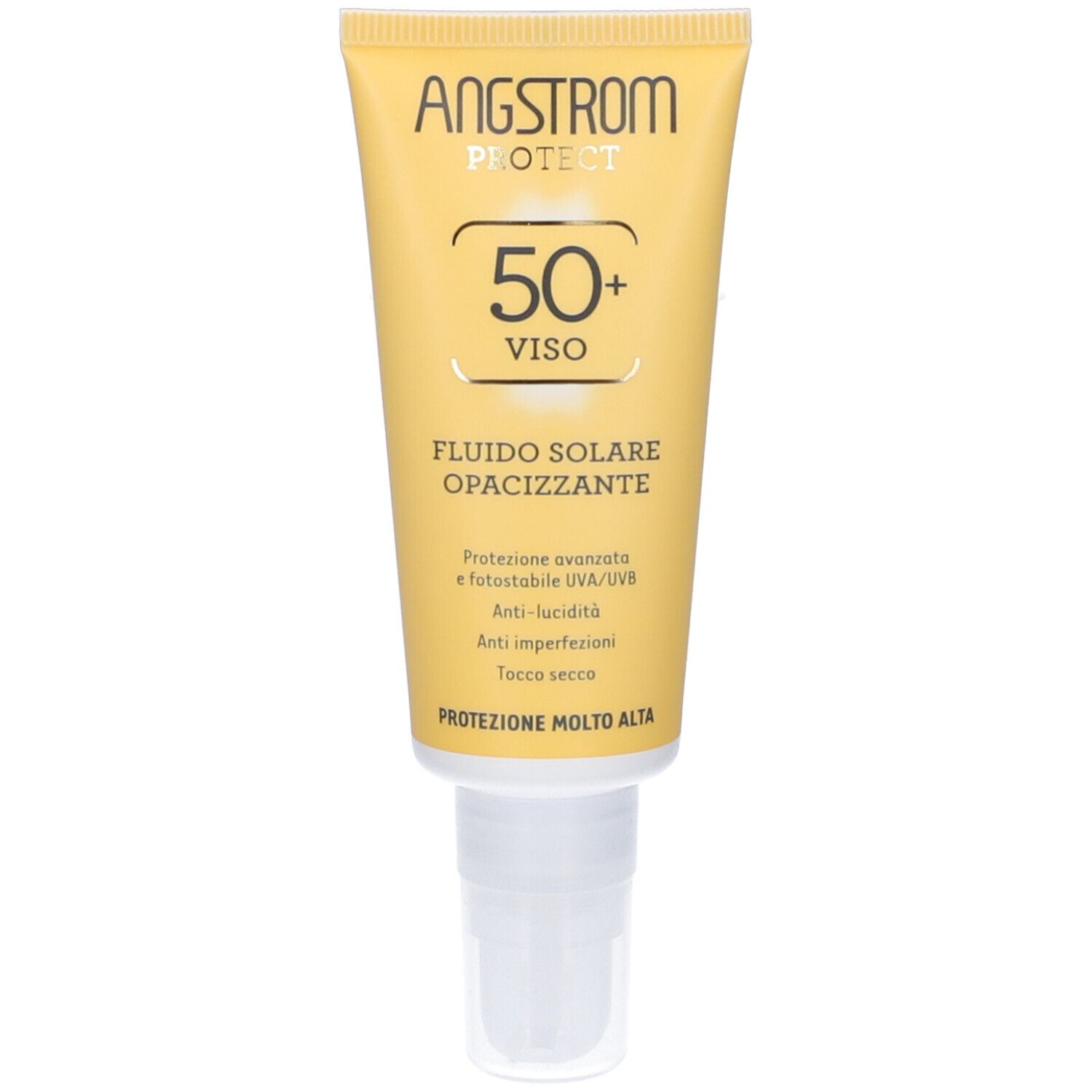 Gelbe Tube mit weißem Verschluss. Aufschrift: Angstrom Protect, 50+ Viso, Fluido Solare Opacizzante. Hohe Schutzwirkung.