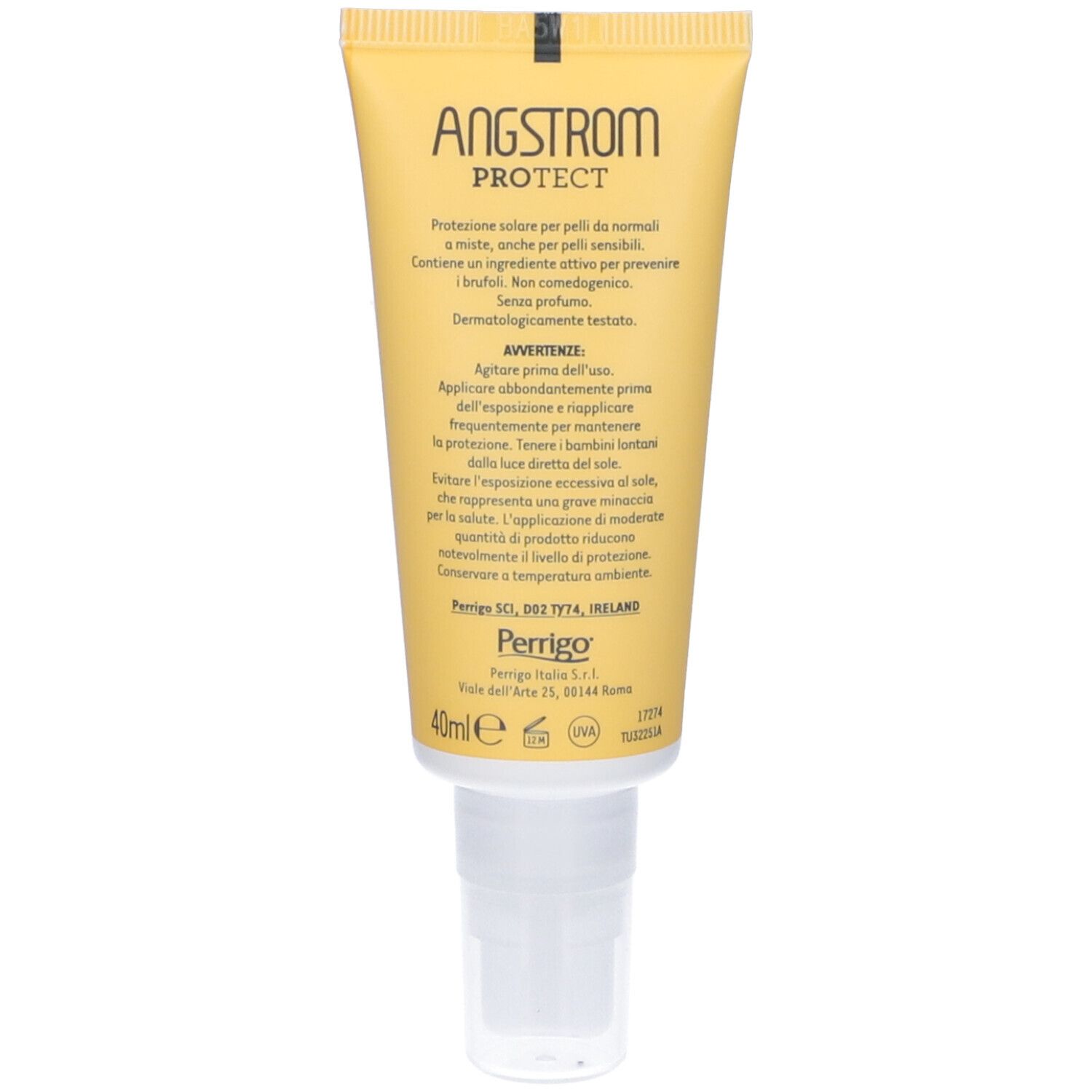 Gelbe Tube mit weißem Verschluss. Text: Angstrom Protect. Hinweise zur Anwendung und Inhaltsstoffe. 40ml.